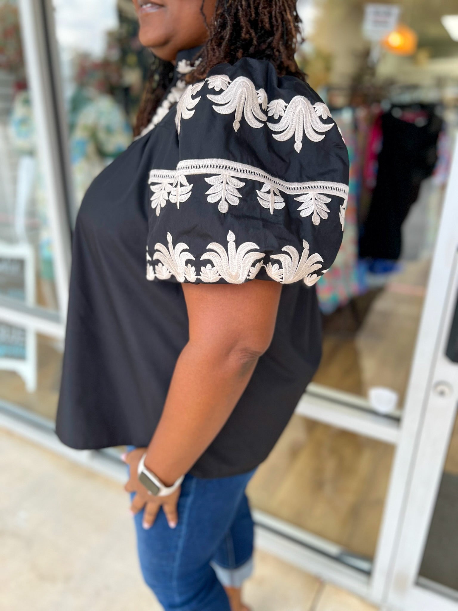 Sight Unseen Black Top with Embroidered Bubble Sleeves and Neckline (C) - A'Bekah's Boutique