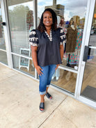 Sight Unseen Black Top with Embroidered Bubble Sleeves and Neckline (C) - A'Bekah's Boutique