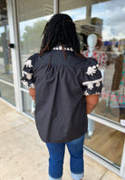 Sight Unseen Black Top with Embroidered Bubble Sleeves and Neckline (C) - A'Bekah's Boutique