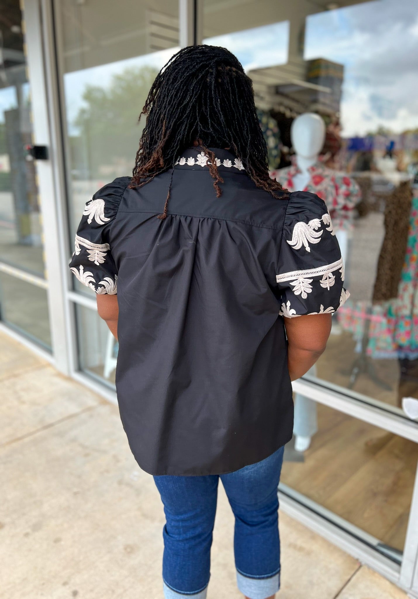 Sight Unseen Black Top with Embroidered Bubble Sleeves and Neckline (C) - A'Bekah's Boutique