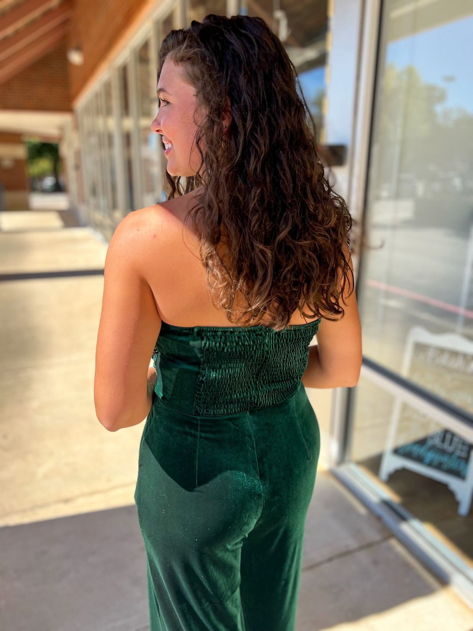 Simply Radiant Hunter Green Velvet Strapless Jumpsuit with Sequin Bodice - A'Bekah's Boutique