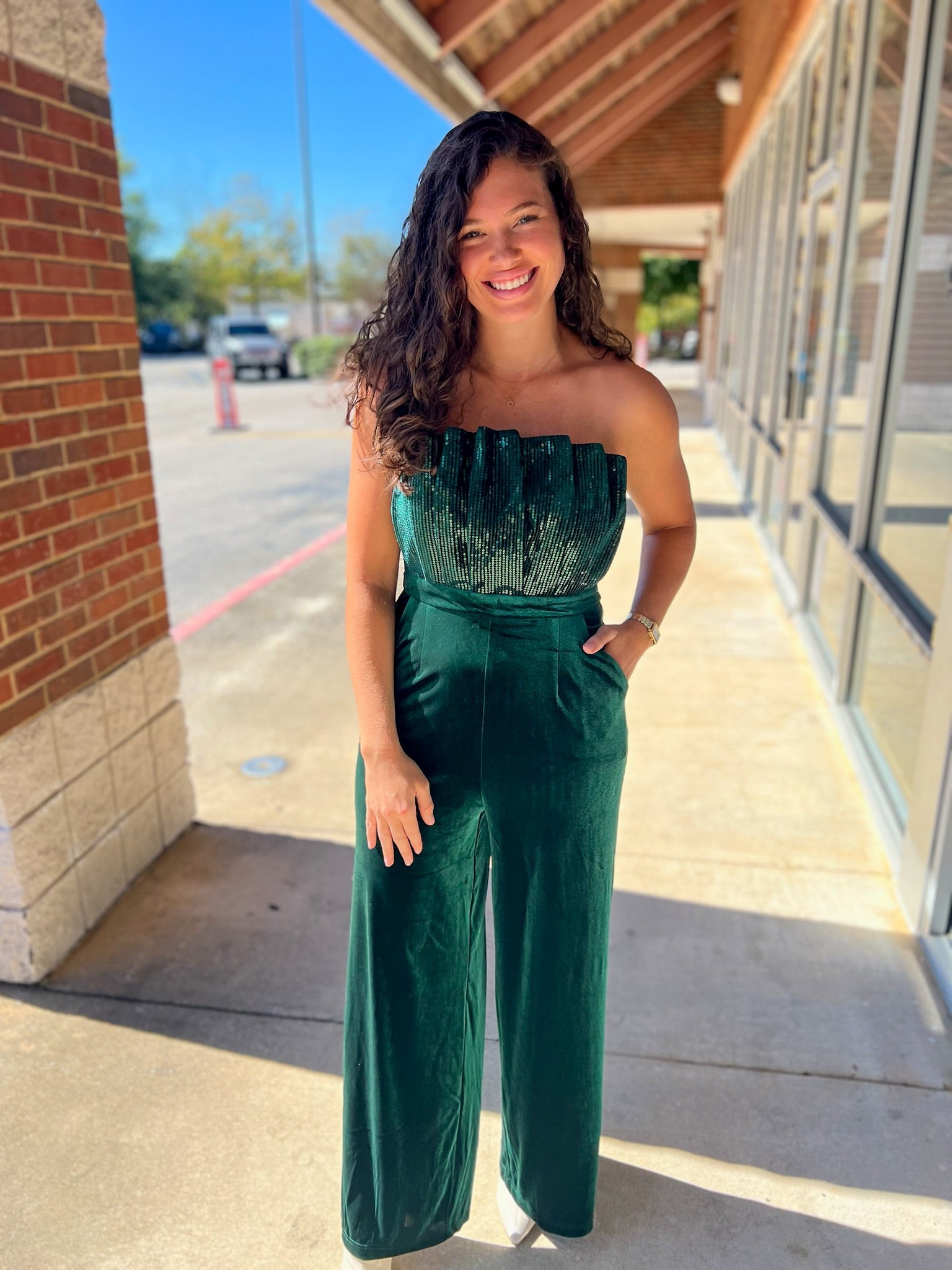 Simply Radiant Hunter Green Velvet Strapless Jumpsuit with Sequin Bodice - A'Bekah's Boutique