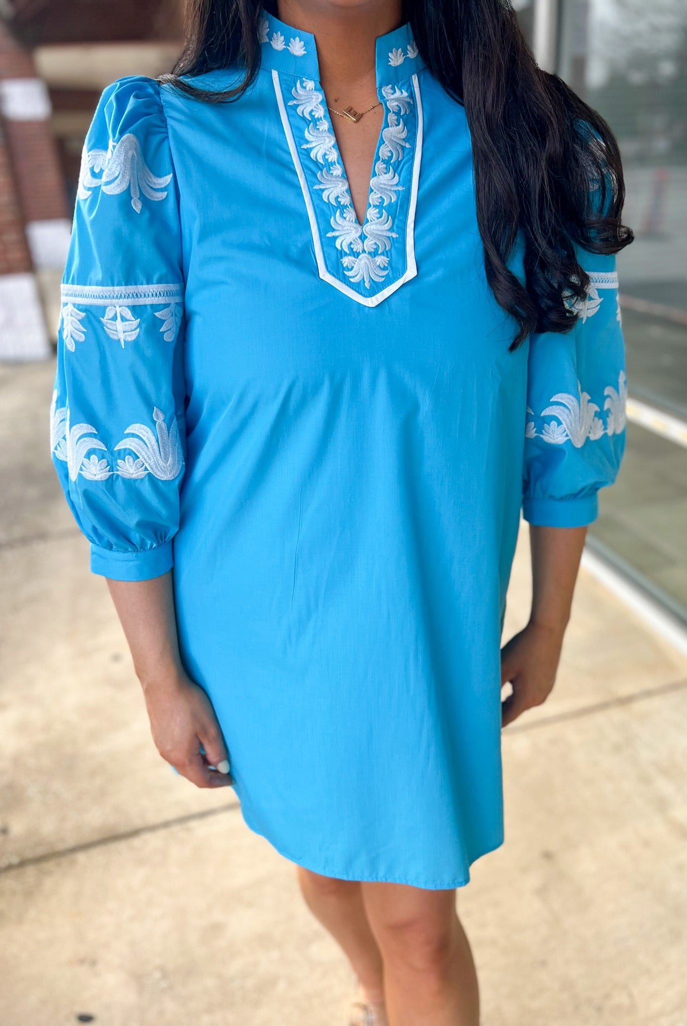 Sky Blue Dress with 3/4 Length Embroidered Sleeves - A'Bekah's Boutique