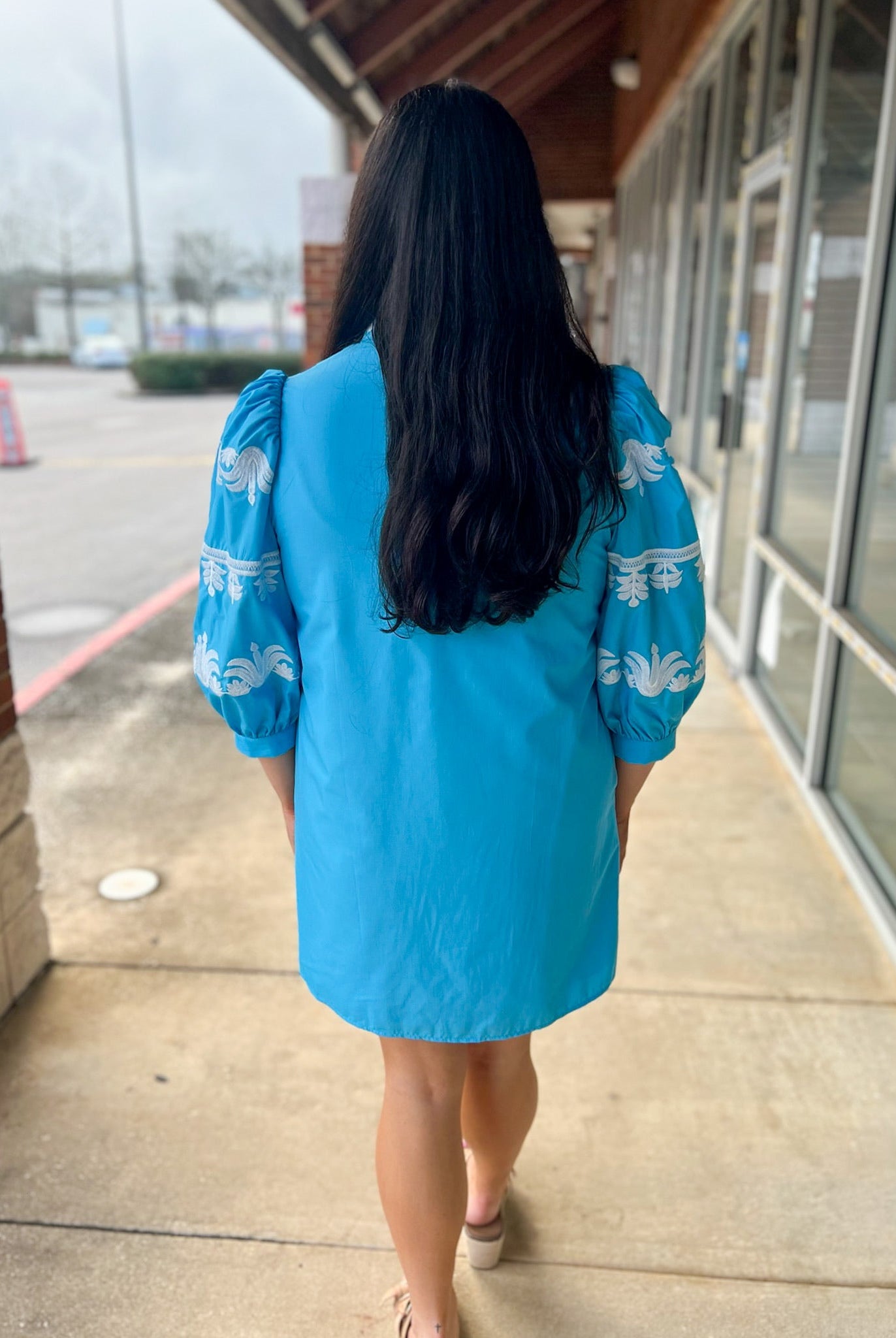 Sky Blue Dress with 3/4 Length Embroidered Sleeves - A'Bekah's Boutique