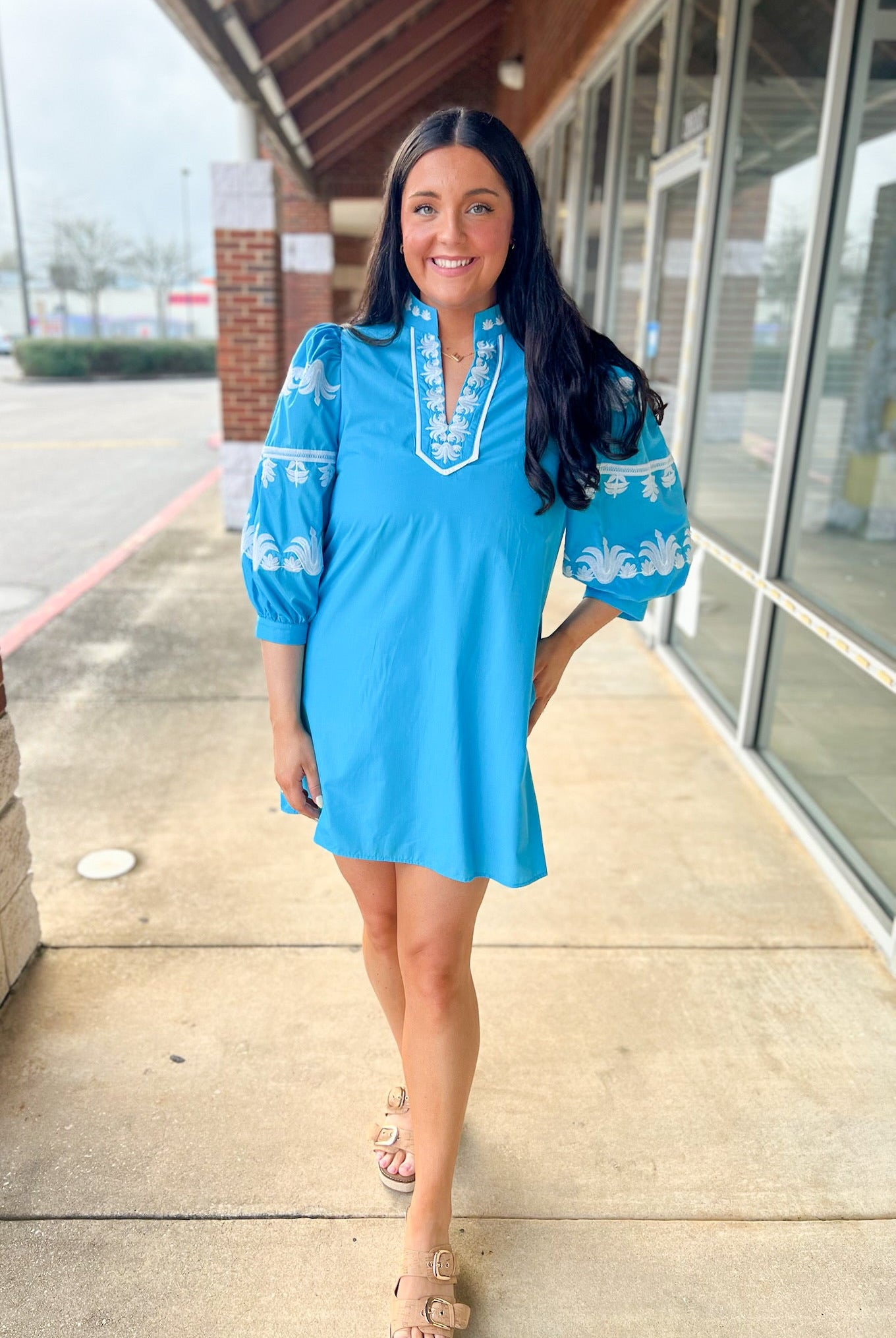 Sky Blue Dress with 3/4 Length Embroidered Sleeves - A'Bekah's Boutique