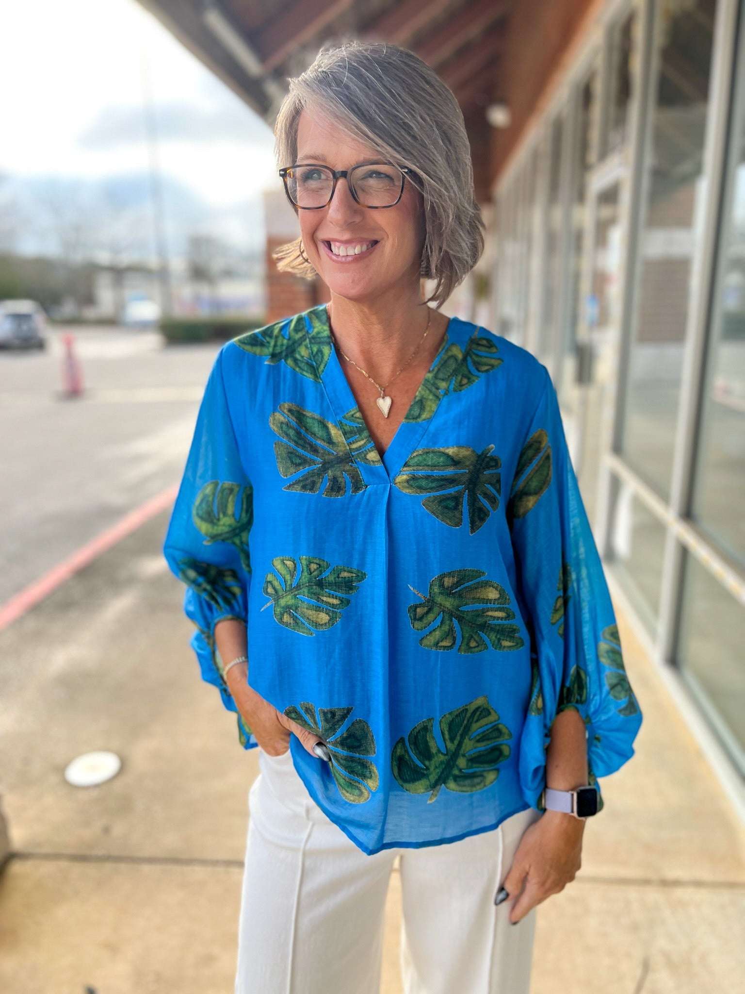 Sky Blue Leaf Print V - Neck 3/4 Sleeve Top - A'Bekah's Boutique