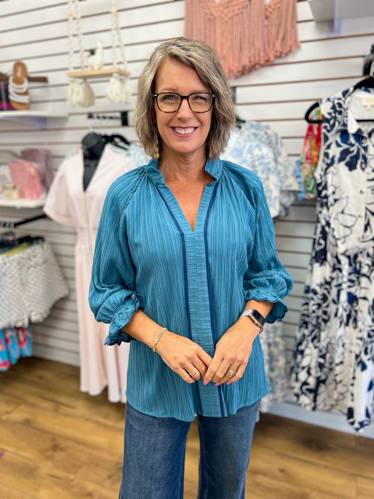 Slate Blue Top with 3/4 Sleeves and Contrast Trim - A'Bekah's Boutique