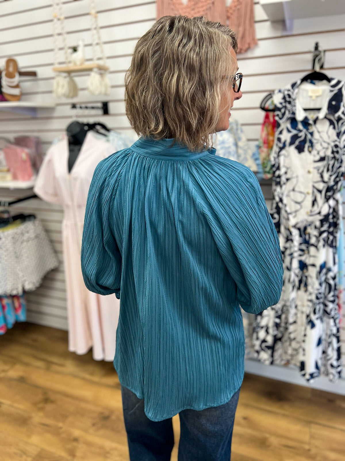 Slate Blue Top with 3/4 Sleeves and Contrast Trim - A'Bekah's Boutique