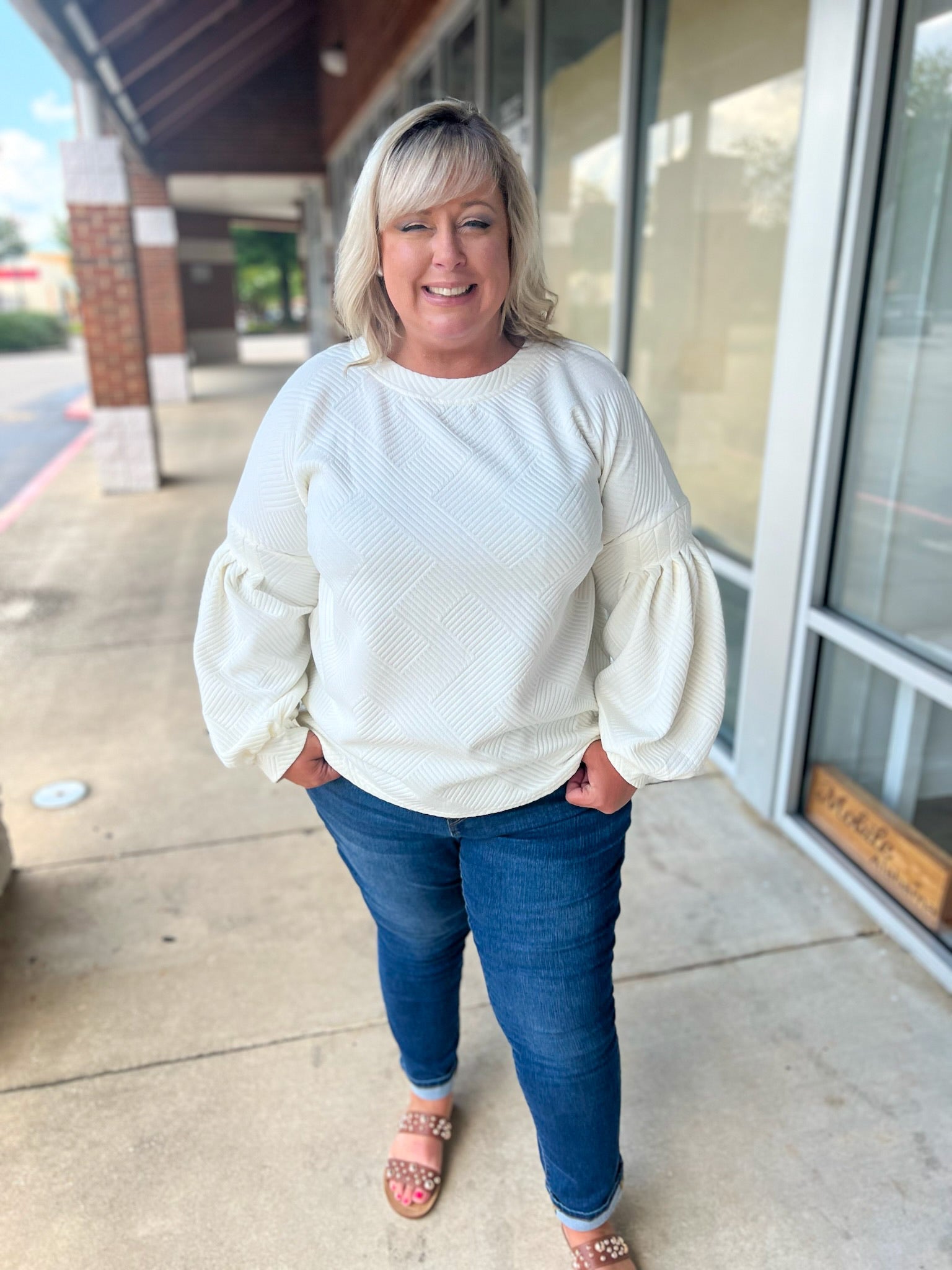Soul Mate Cream Textured Top with Long Bubble Sleeves (C) - A'Bekah's Boutique