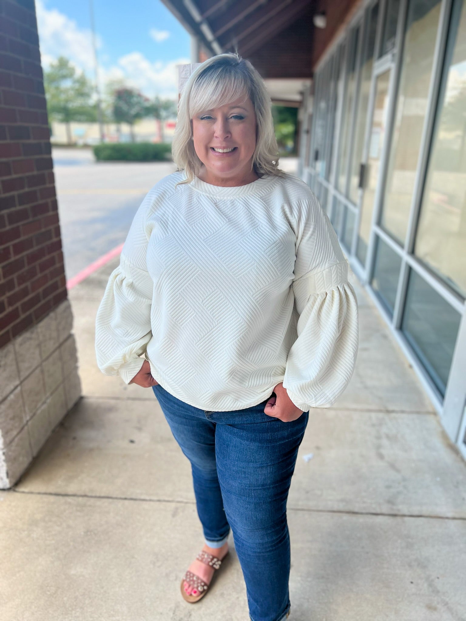 Soul Mate Cream Textured Top with Long Bubble Sleeves (C) - A'Bekah's Boutique