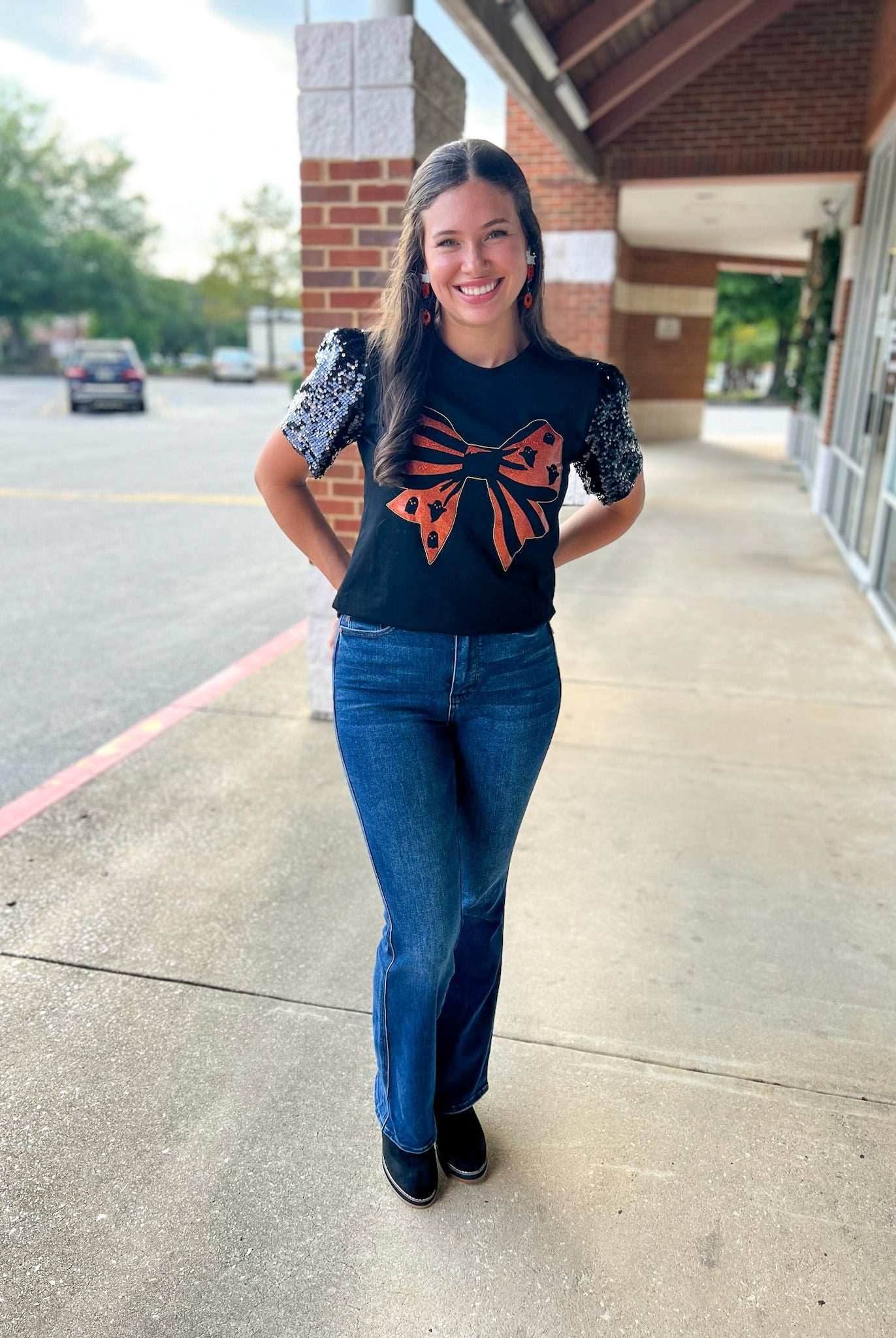 Spooky Season Black Halloween Top with Orange Graphic Bow and Sequin Puff Sleeves - A'Bekah's Boutique