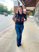 Spooky Season Black Halloween Top with Orange Graphic Bow and Sequin Puff Sleeves - A'Bekah's Boutique