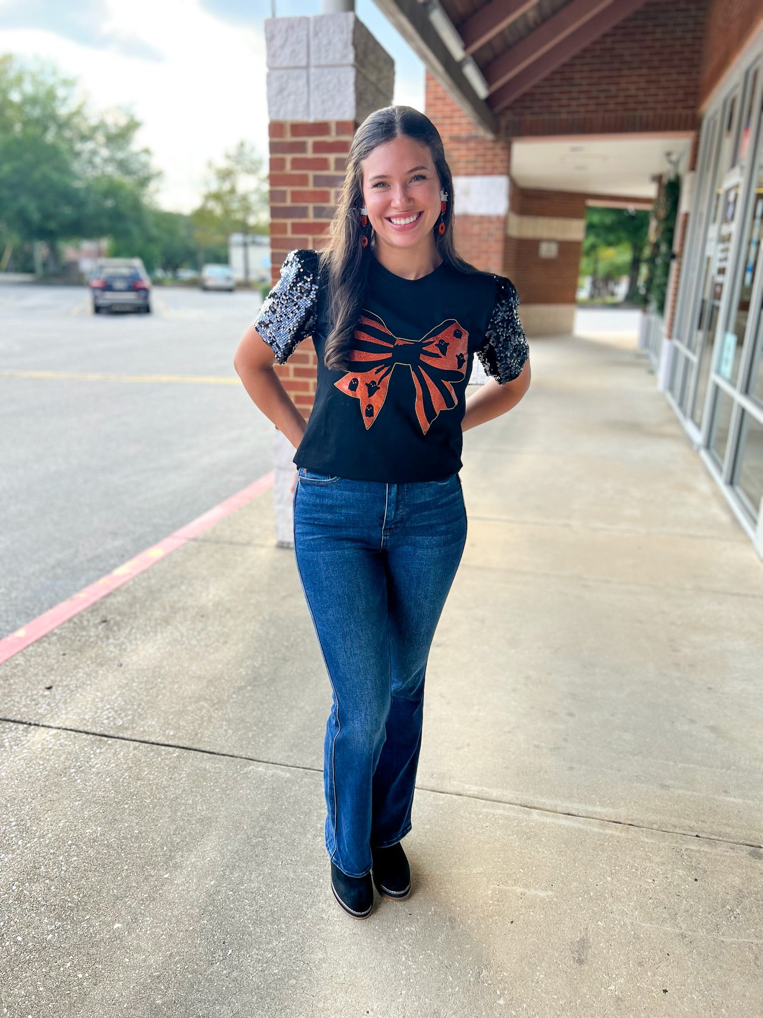 Spooky Season Black Halloween Top with Orange Graphic Bow and Sequin Puff Sleeves - A'Bekah's Boutique