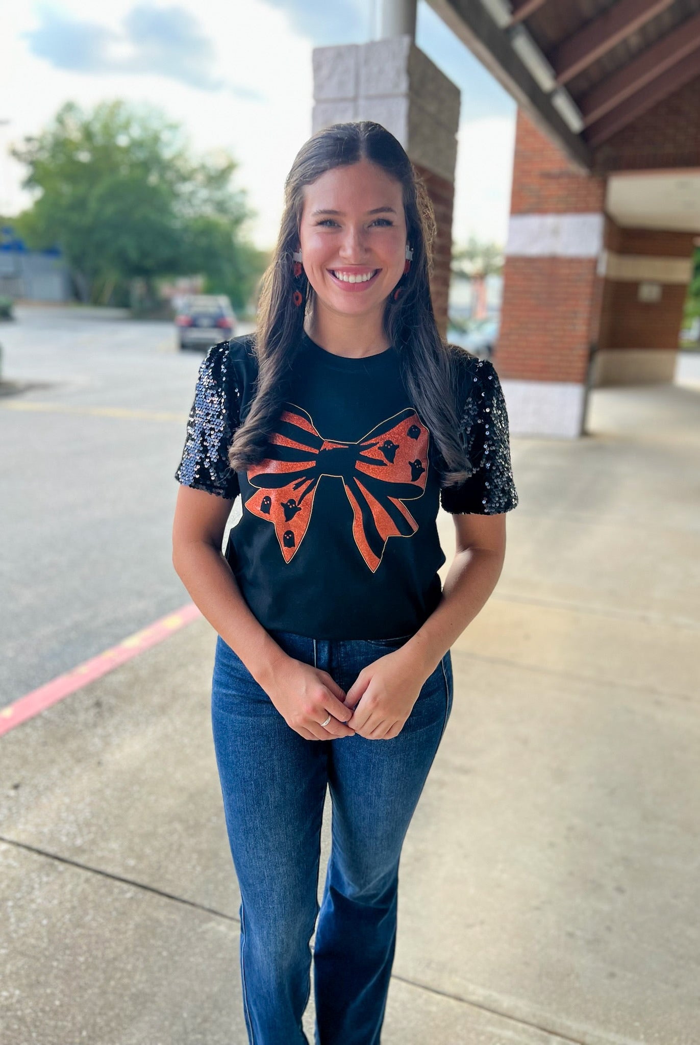 Spooky Season Black Halloween Top with Orange Graphic Bow and Sequin Puff Sleeves - A'Bekah's Boutique