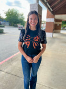 Spooky Season Black Halloween Top with Orange Graphic Bow and Sequin Puff Sleeves - A'Bekah's Boutique