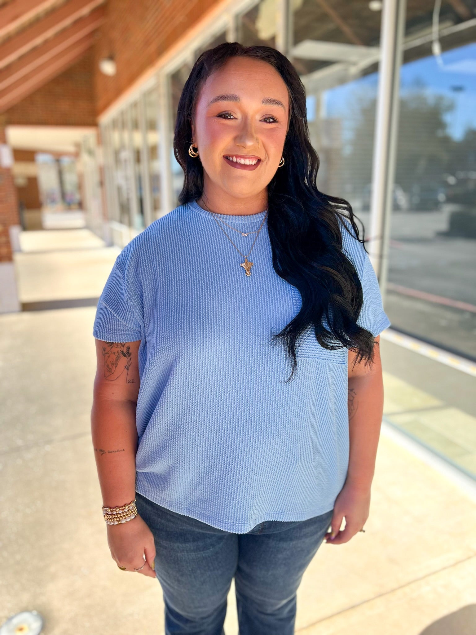 Spring Blue Ribbed Short Sleeve Top with Chest Pocket (C) - A'Bekah's Boutique