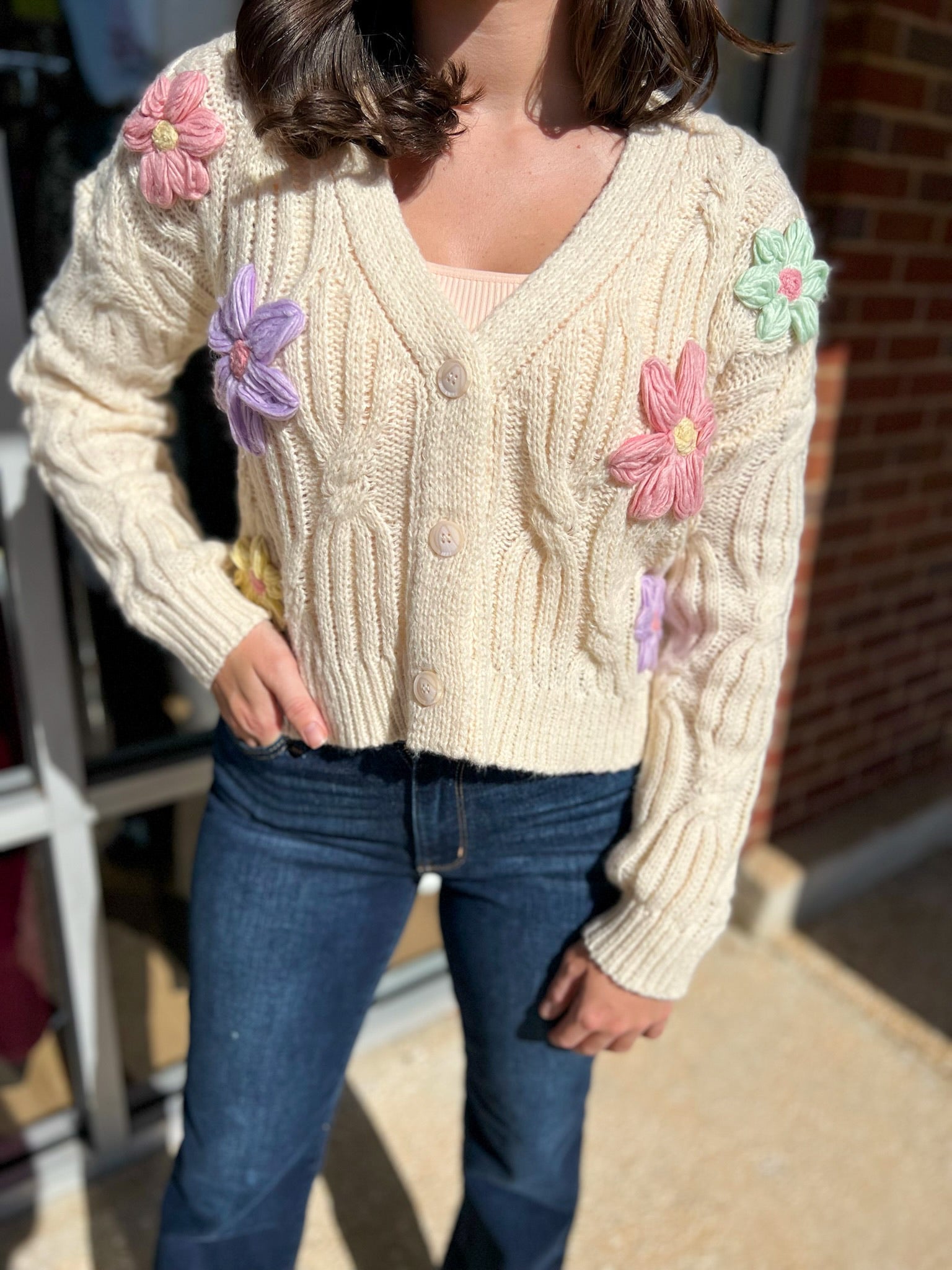Stand Out Cream Cardigan with Pastel Applique Flowers - A'Bekah's Boutique