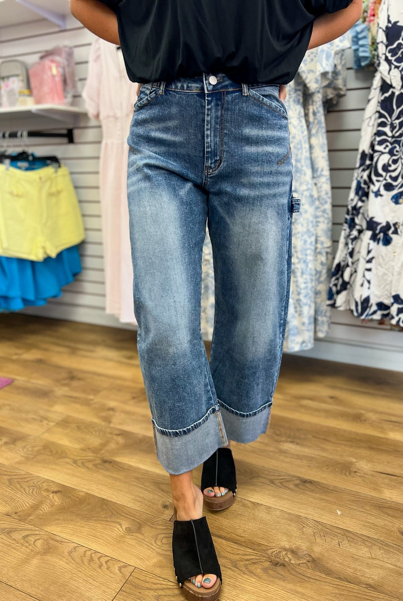 Stonewashed Straight Leg Cropped Cuff Jeans - A'Bekah's Boutique