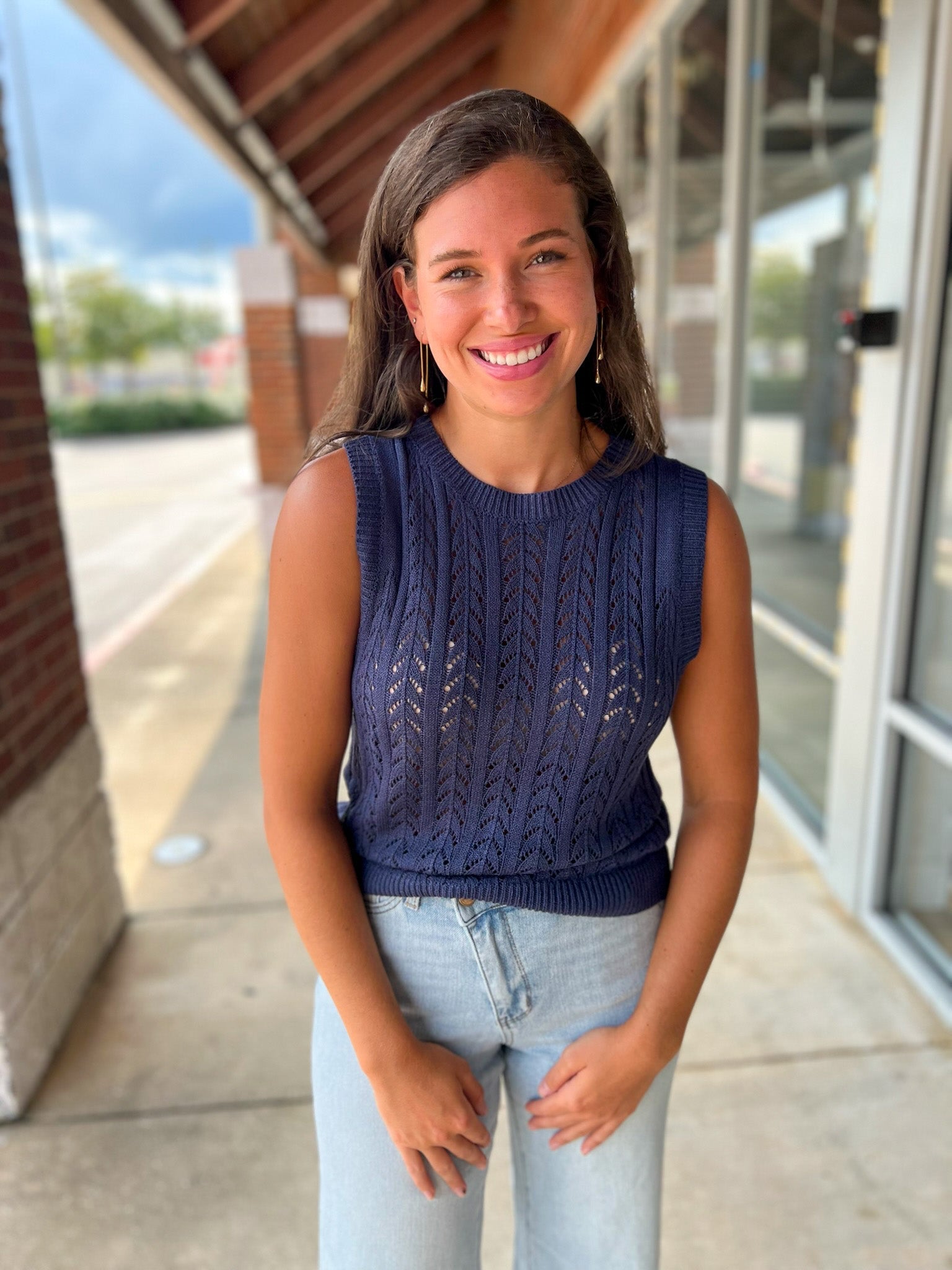 Stronger Than Ever Navy Pointelle Sleeveless Sweater Vest - A'Bekah's Boutique