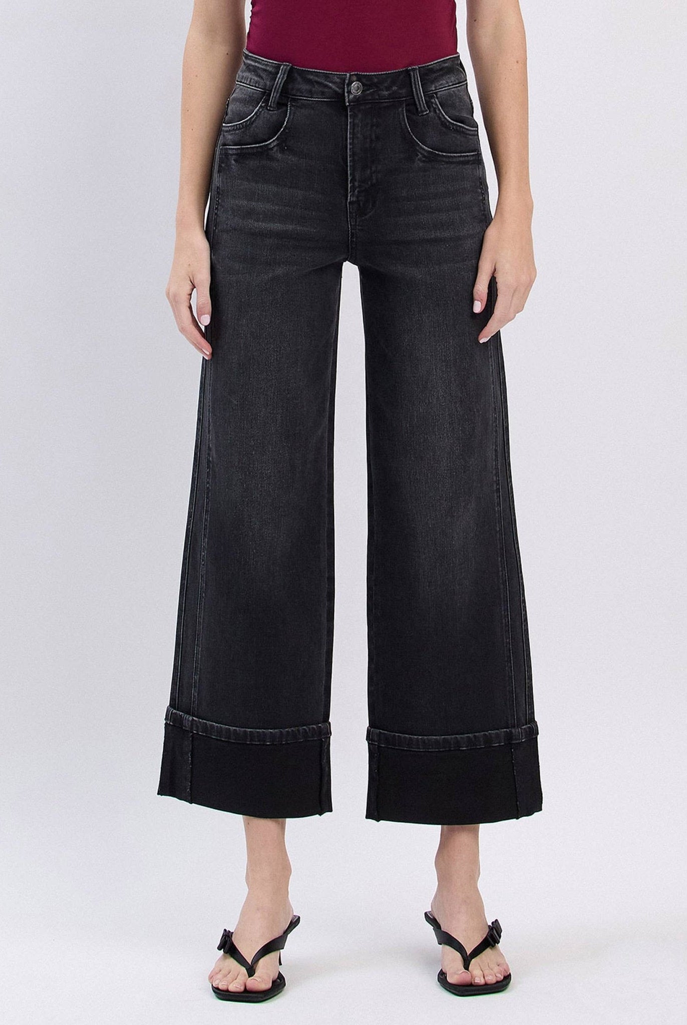 SUPER HIGH RISE CUFFED BAGGY WIDE JEANS - A'Bekah's Boutique