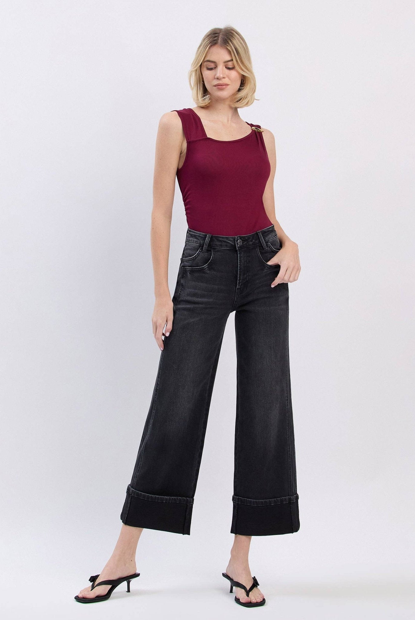 SUPER HIGH RISE CUFFED BAGGY WIDE JEANS - A'Bekah's Boutique