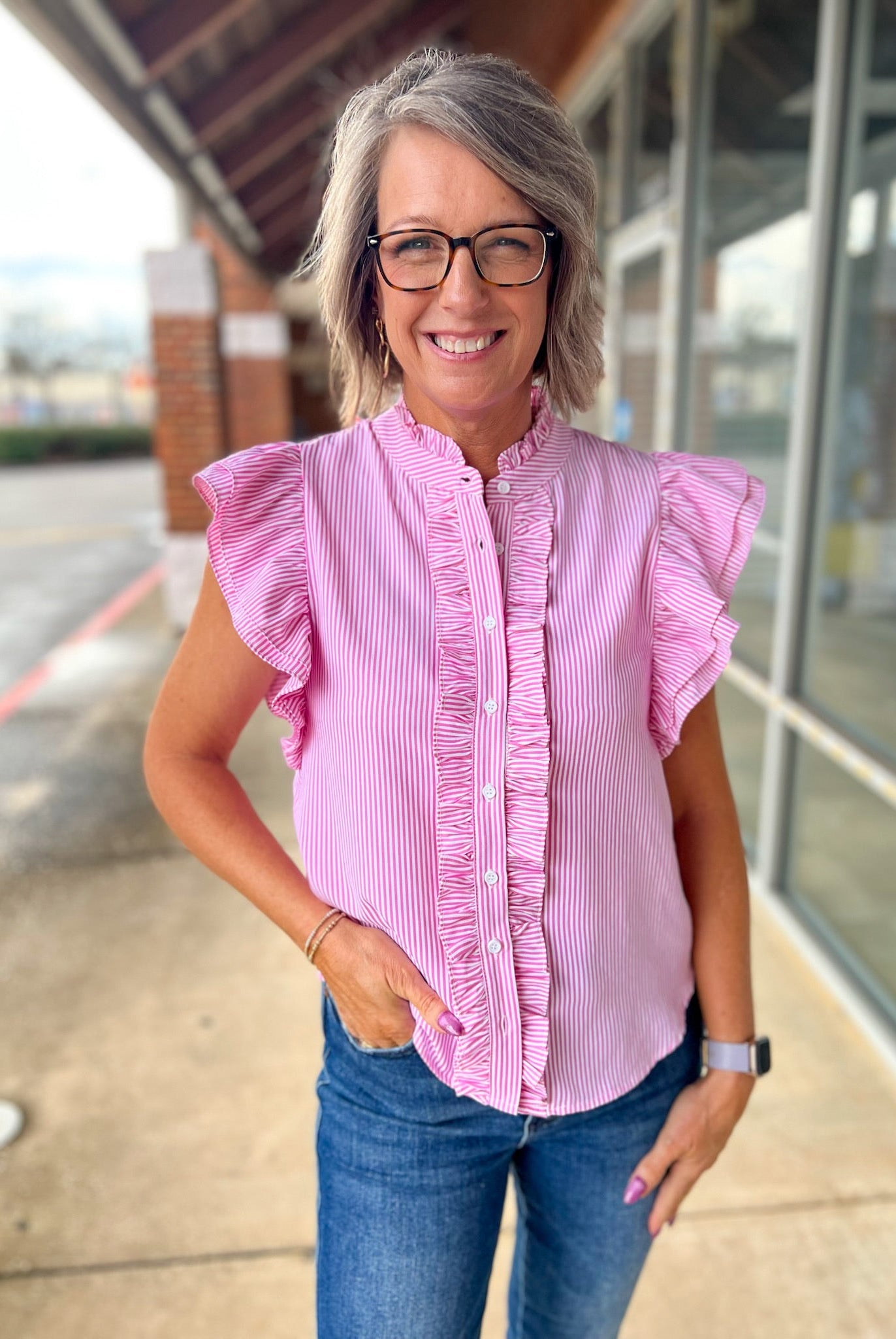 Sweet Pink Striped Button Up Top with Ruffle Details - A'Bekah's Boutique