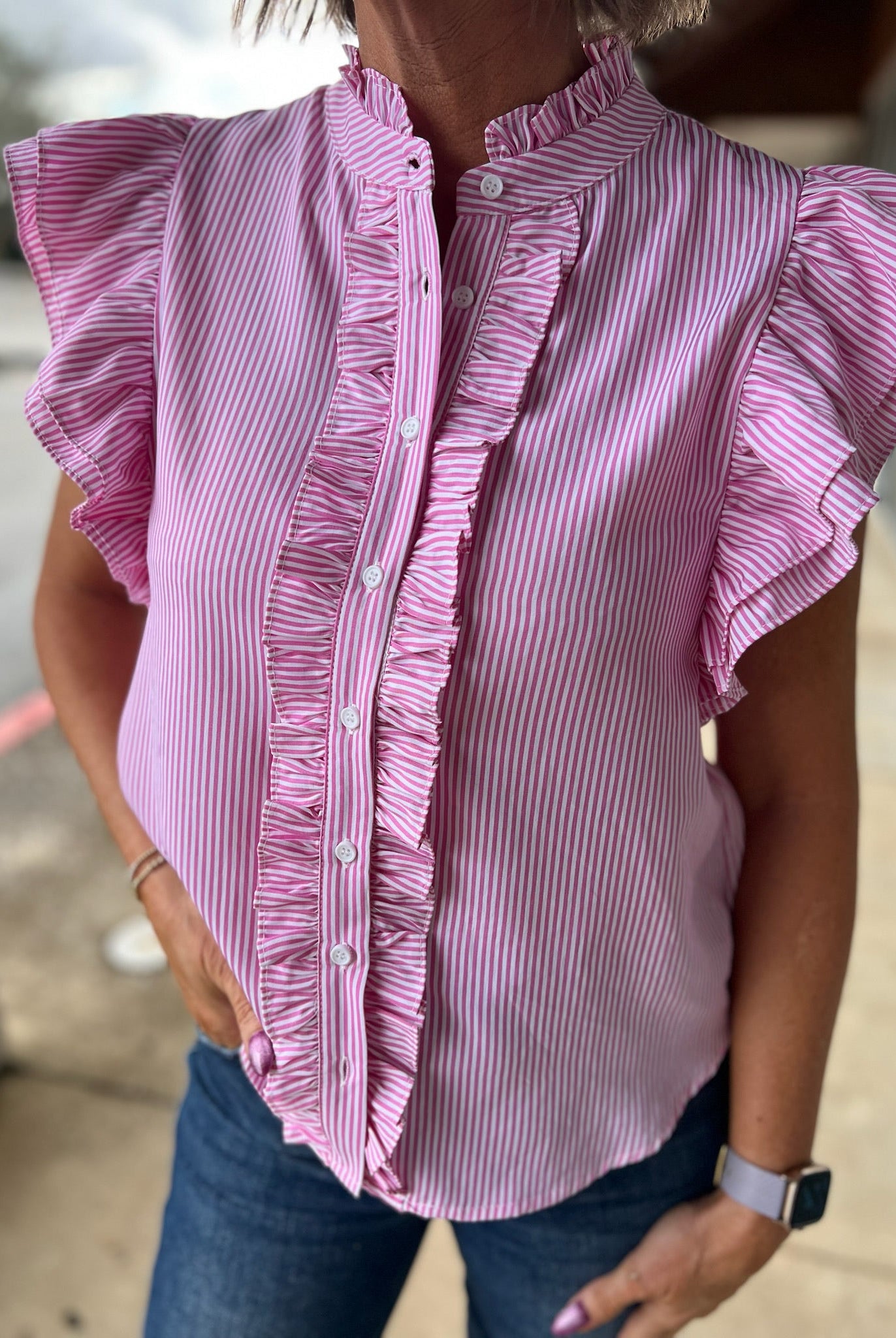Sweet Pink Striped Button Up Top with Ruffle Details - A'Bekah's Boutique