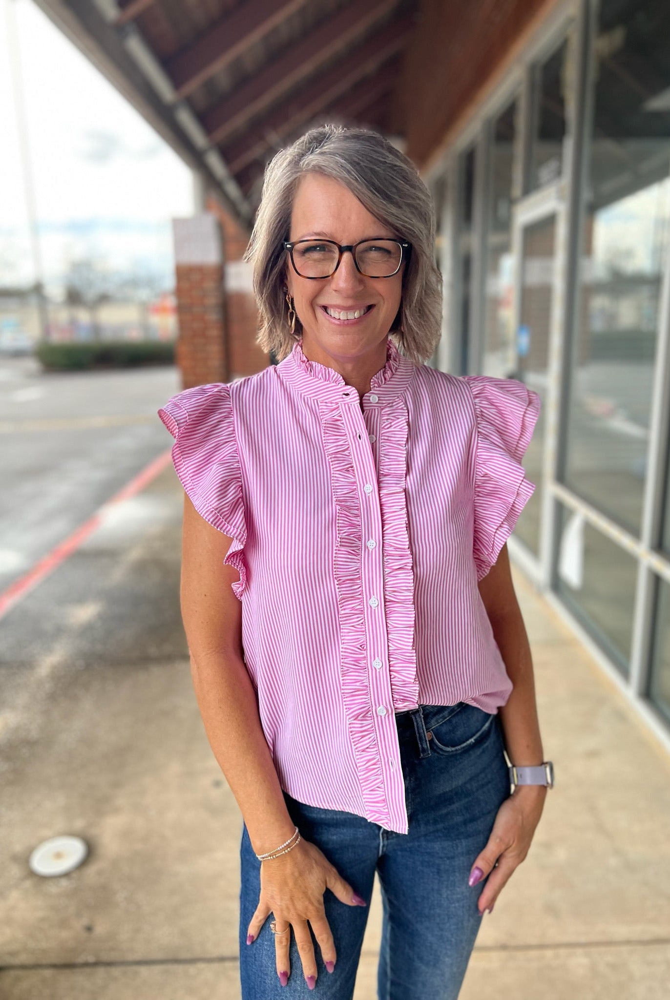 Sweet Pink Striped Button Up Top with Ruffle Details - A'Bekah's Boutique
