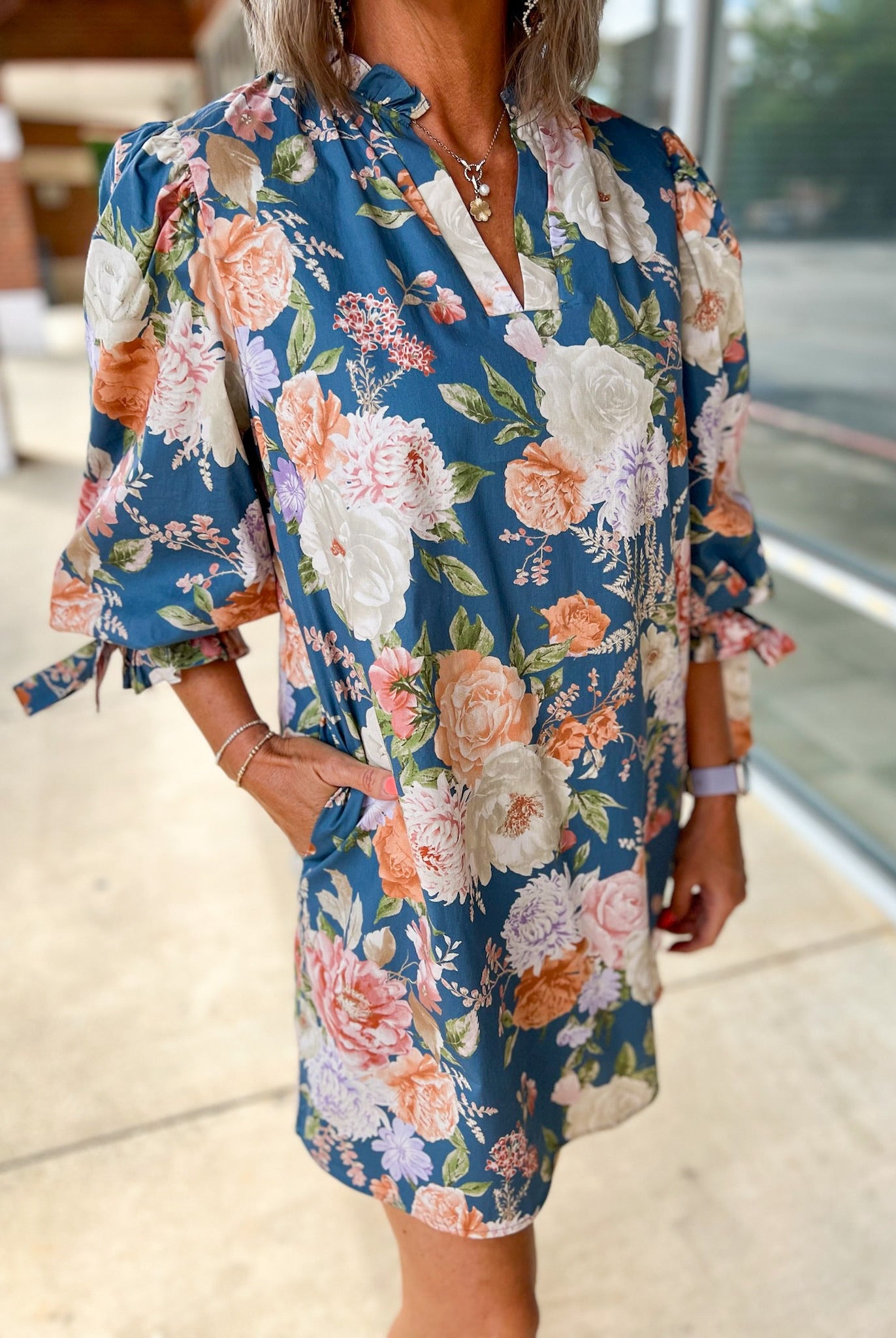 Take It Slate Blue Floral Dress with Bow Detail on Sleeves - A'Bekah's Boutique