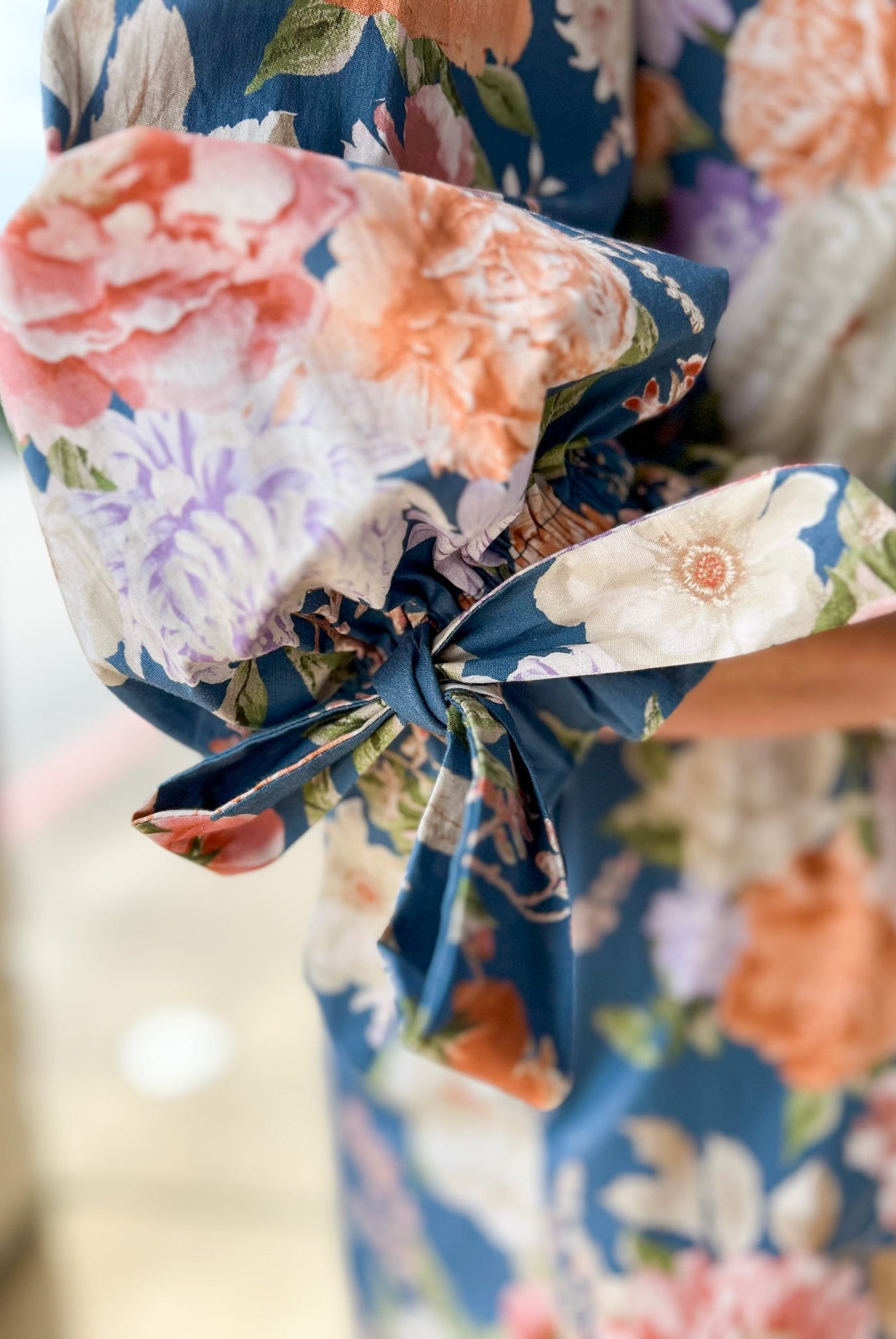 Take It Slate Blue Floral Dress with Bow Detail on Sleeves - A'Bekah's Boutique