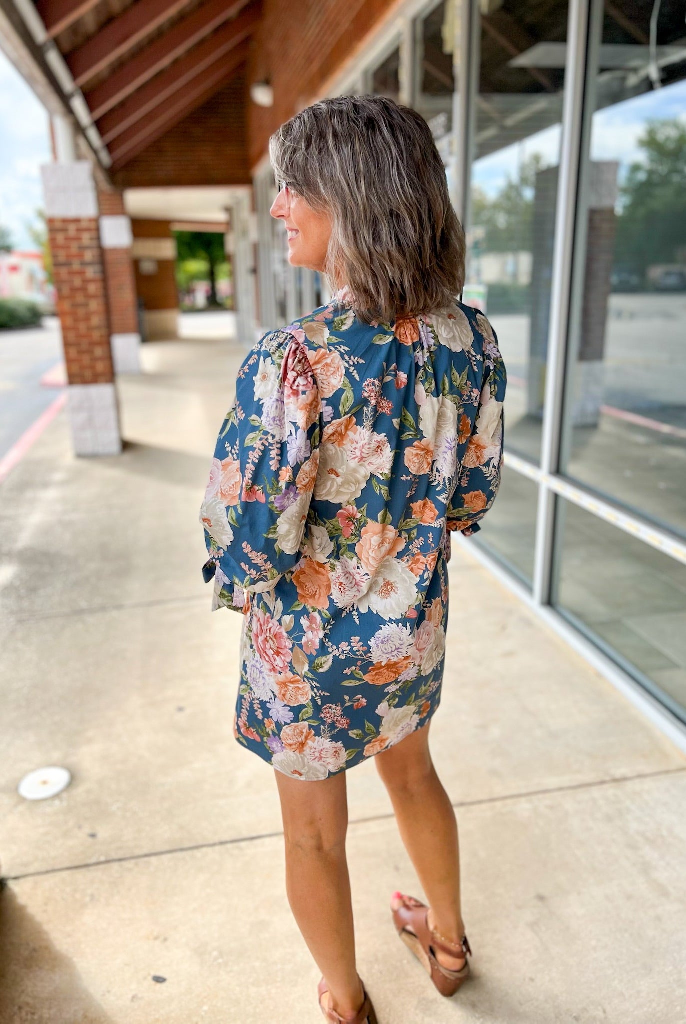 Take It Slate Blue Floral Dress with Bow Detail on Sleeves - A'Bekah's Boutique