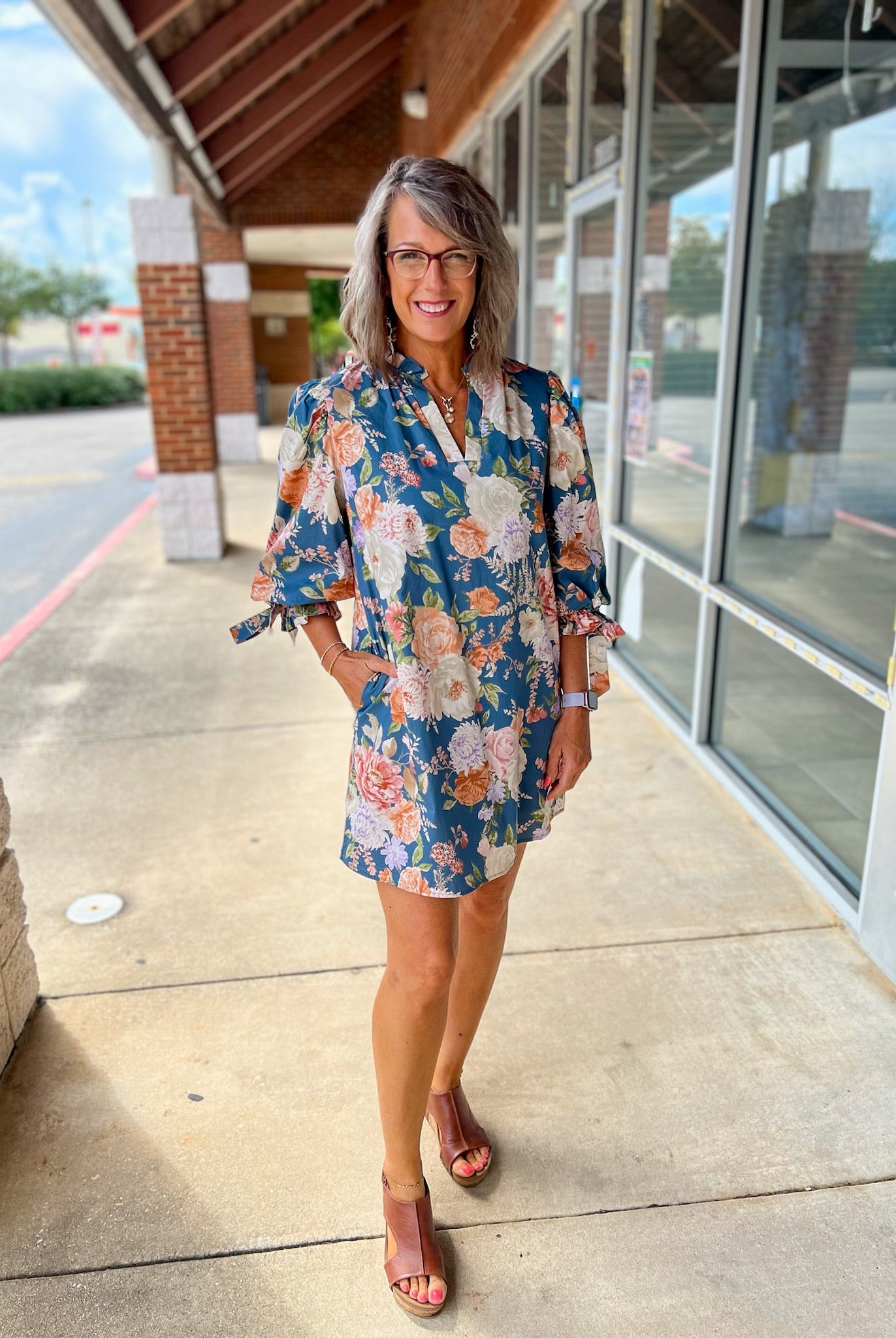 Take It Slate Blue Floral Dress with Bow Detail on Sleeves - A'Bekah's Boutique