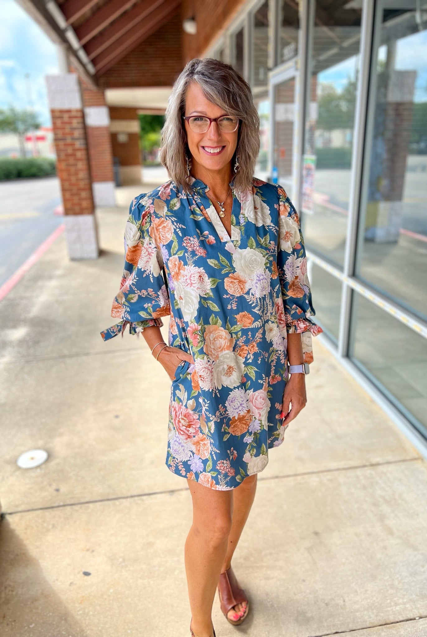 Take It Slate Blue Floral Dress with Bow Detail on Sleeves - A'Bekah's Boutique
