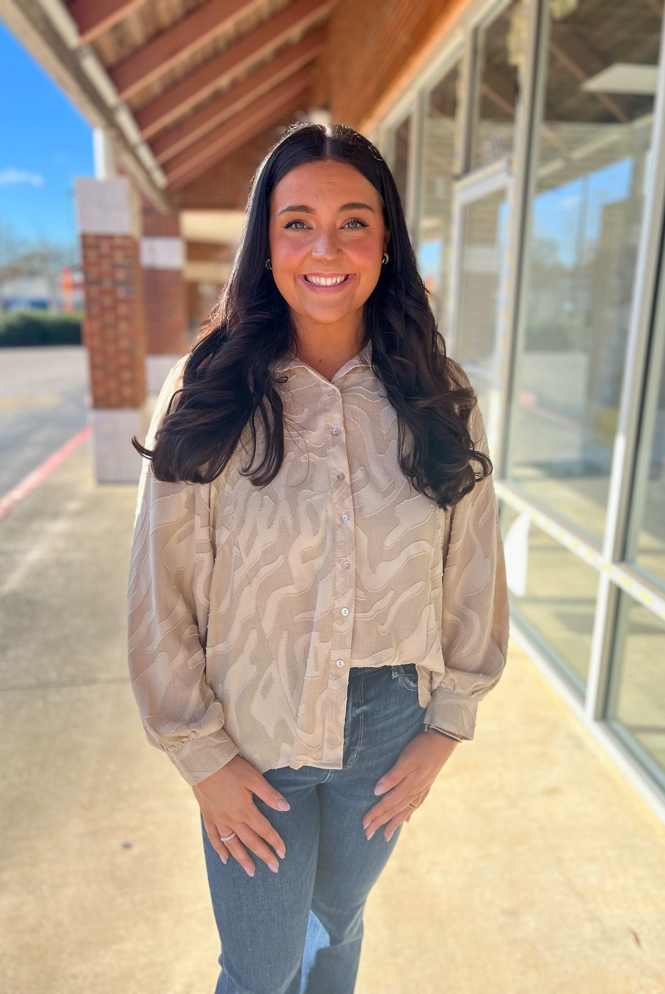 Taupe Button Up Top with Long Flowy Sleeves - A'Bekah's Boutique