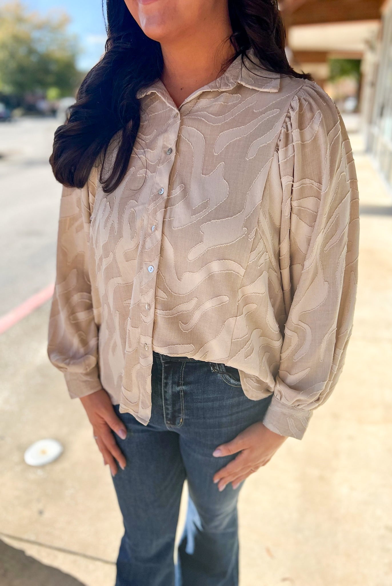 Taupe Button Up Top with Long Flowy Sleeves - A'Bekah's Boutique