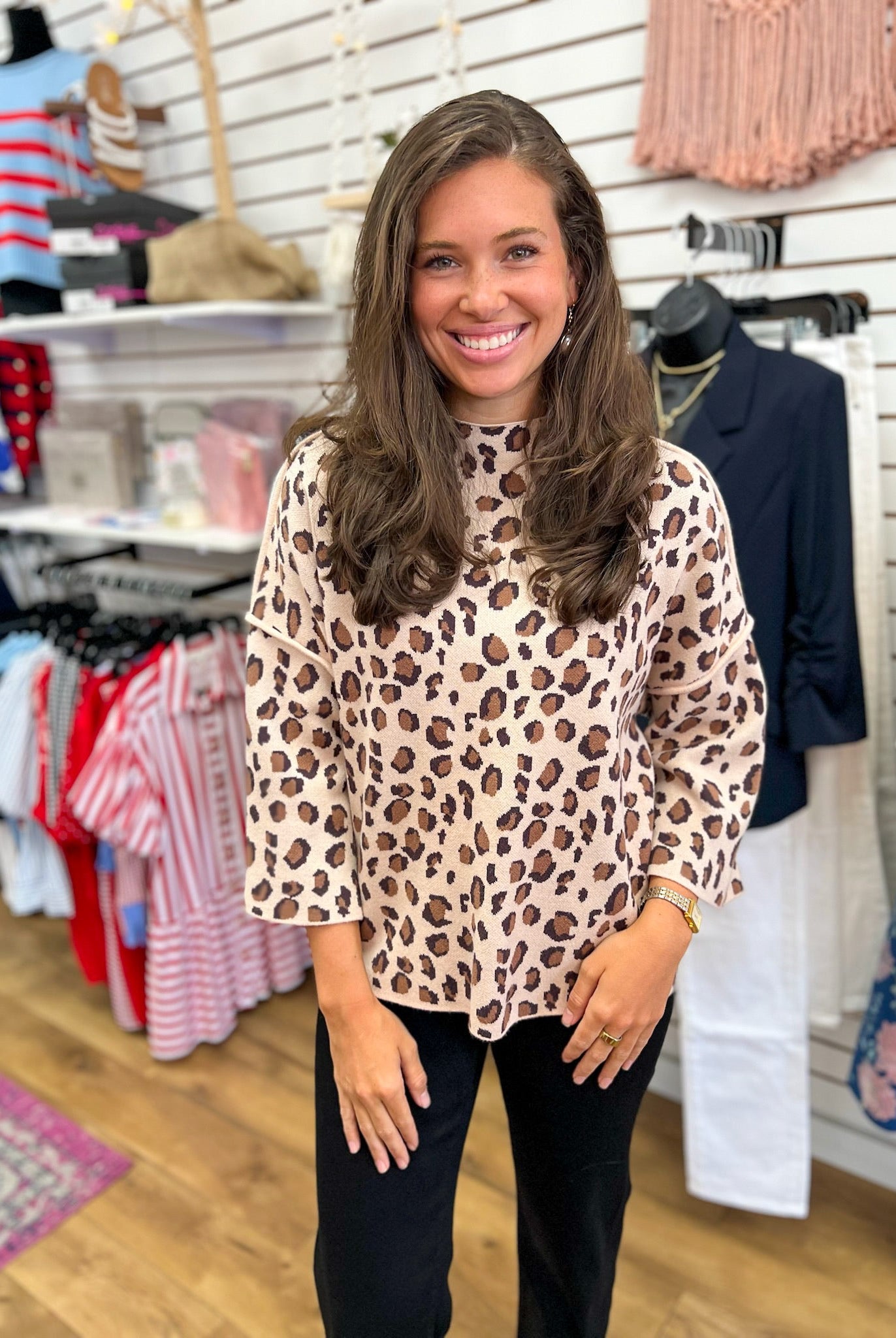 Taupe Leopard Print 3/4 Sleeve Mock Neck Sweater - A'Bekah's Boutique