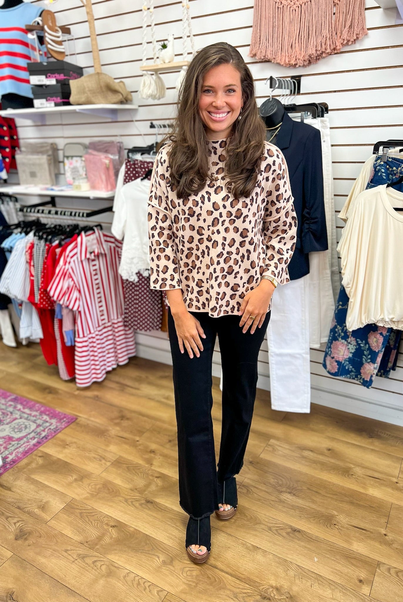 Taupe Leopard Print 3/4 Sleeve Mock Neck Sweater - A'Bekah's Boutique