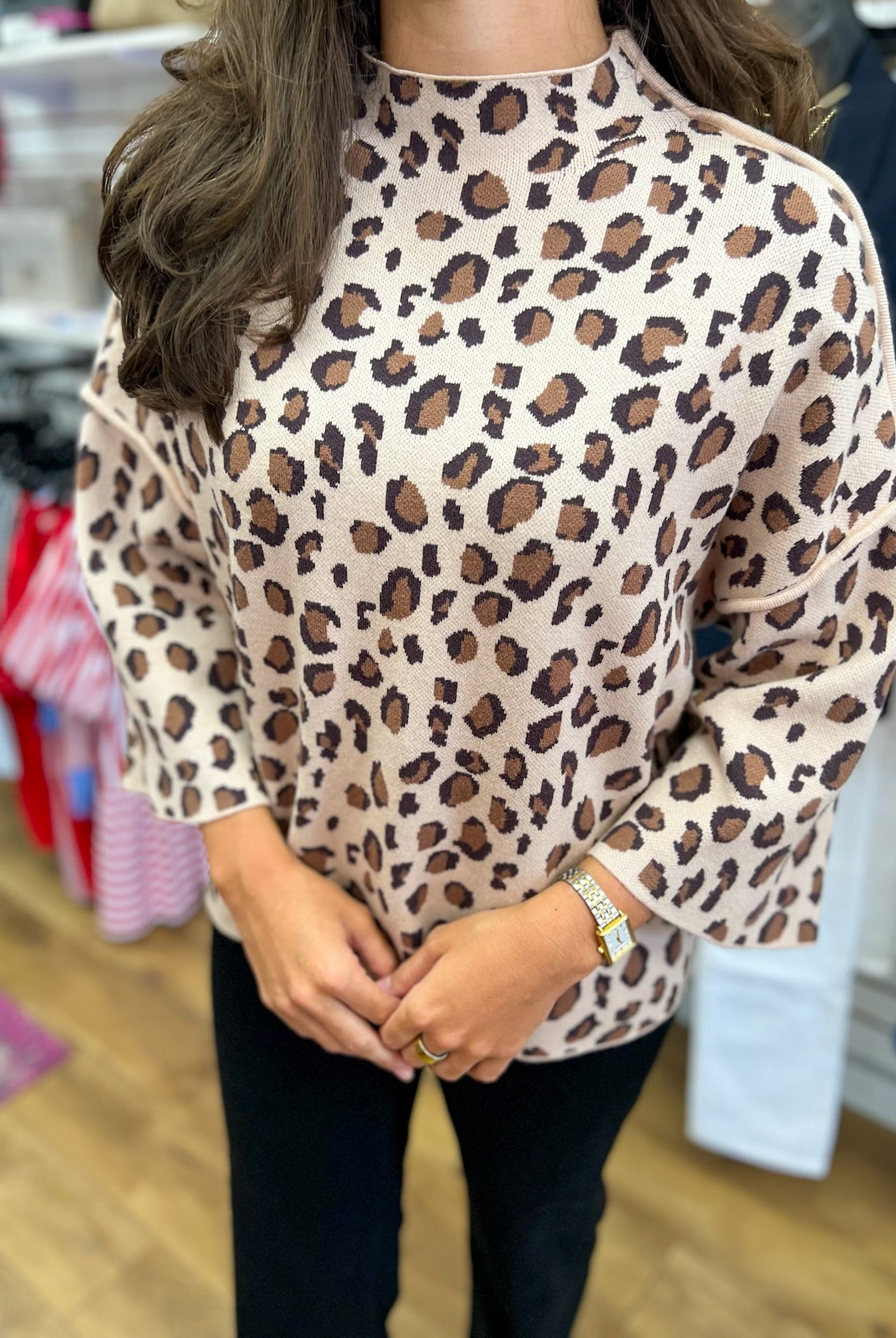 Taupe Leopard Print 3/4 Sleeve Mock Neck Sweater - A'Bekah's Boutique