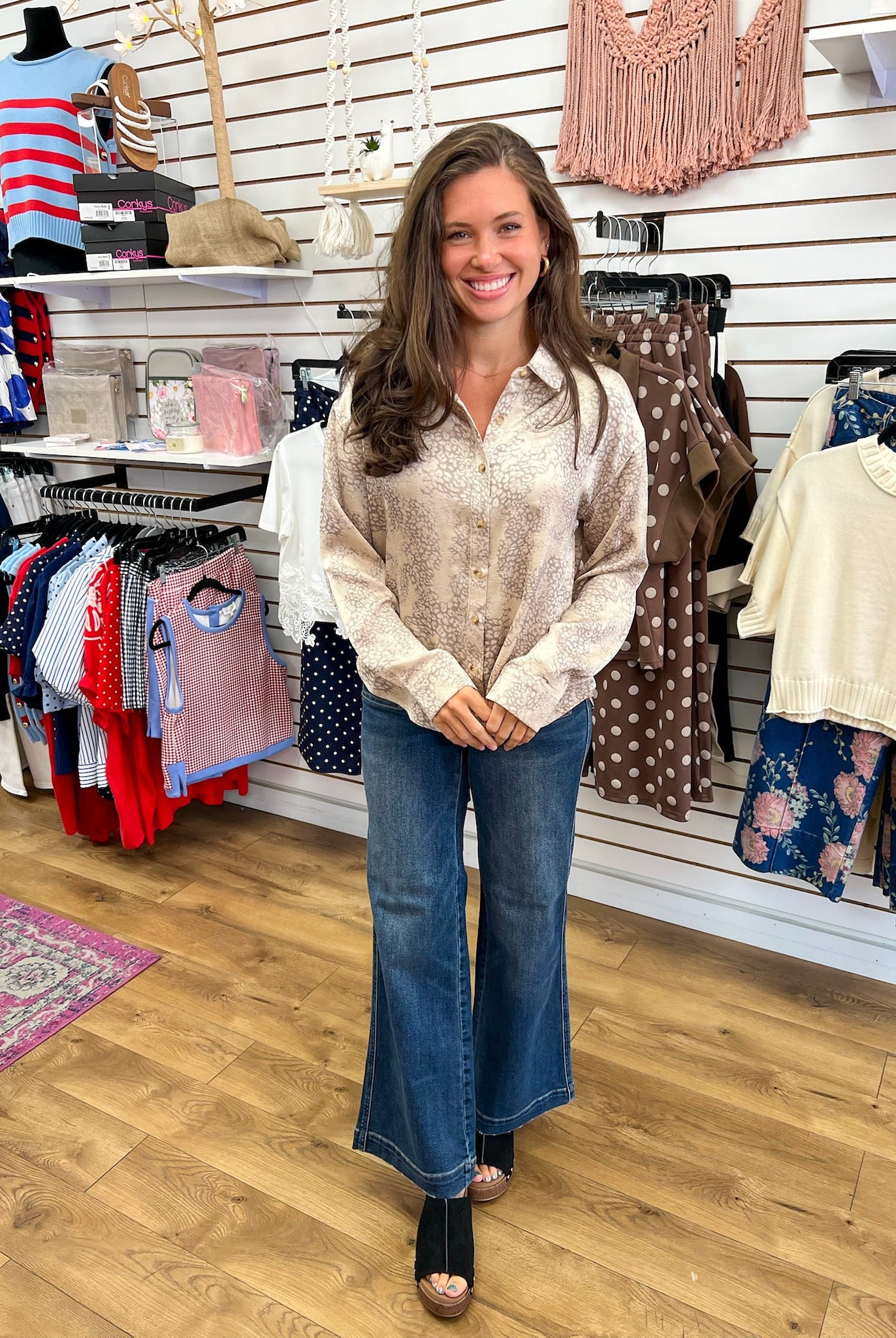 Taupe Leopard Print Long Sleeve Button Up Top - A'Bekah's Boutique
