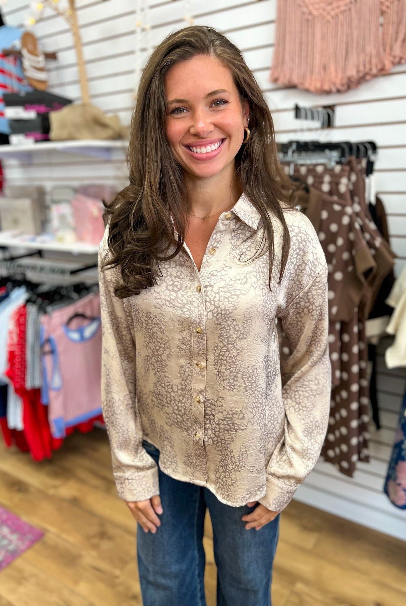 Taupe Leopard Print Long Sleeve Button Up Top - A'Bekah's Boutique