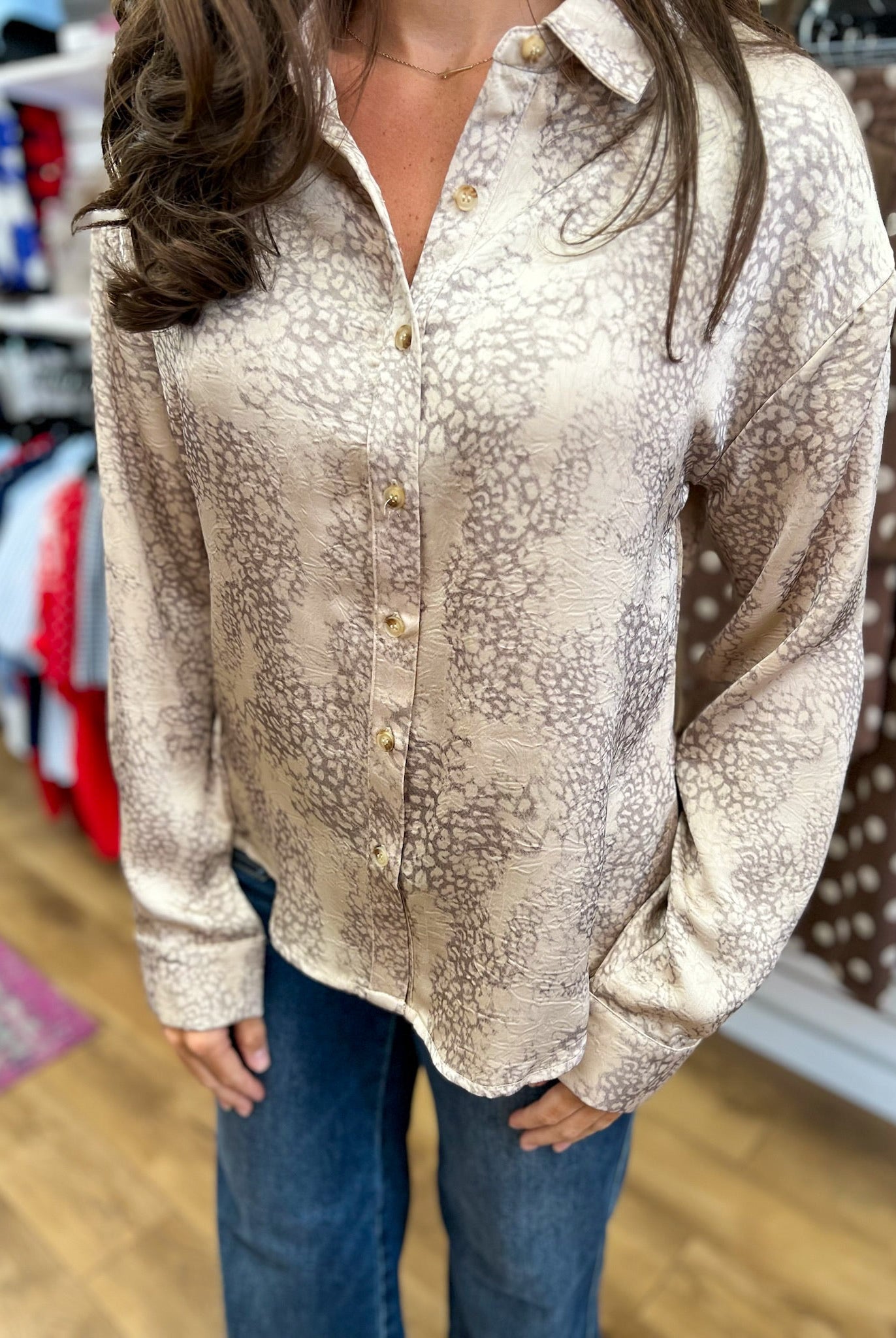 Taupe Leopard Print Long Sleeve Button Up Top - A'Bekah's Boutique