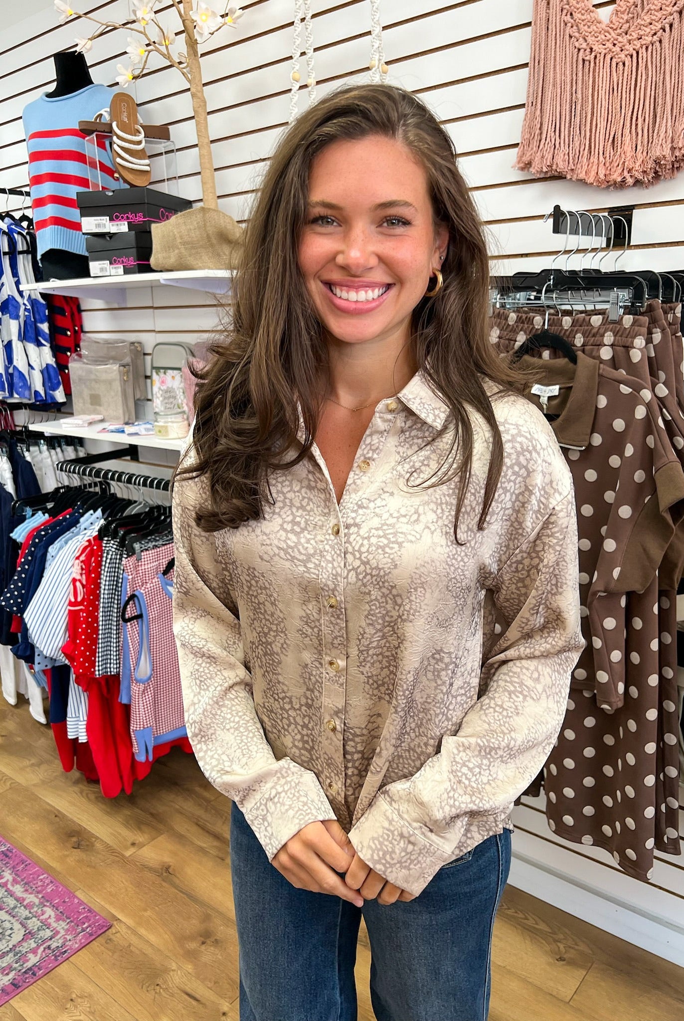 Taupe Leopard Print Long Sleeve Button Up Top - A'Bekah's Boutique