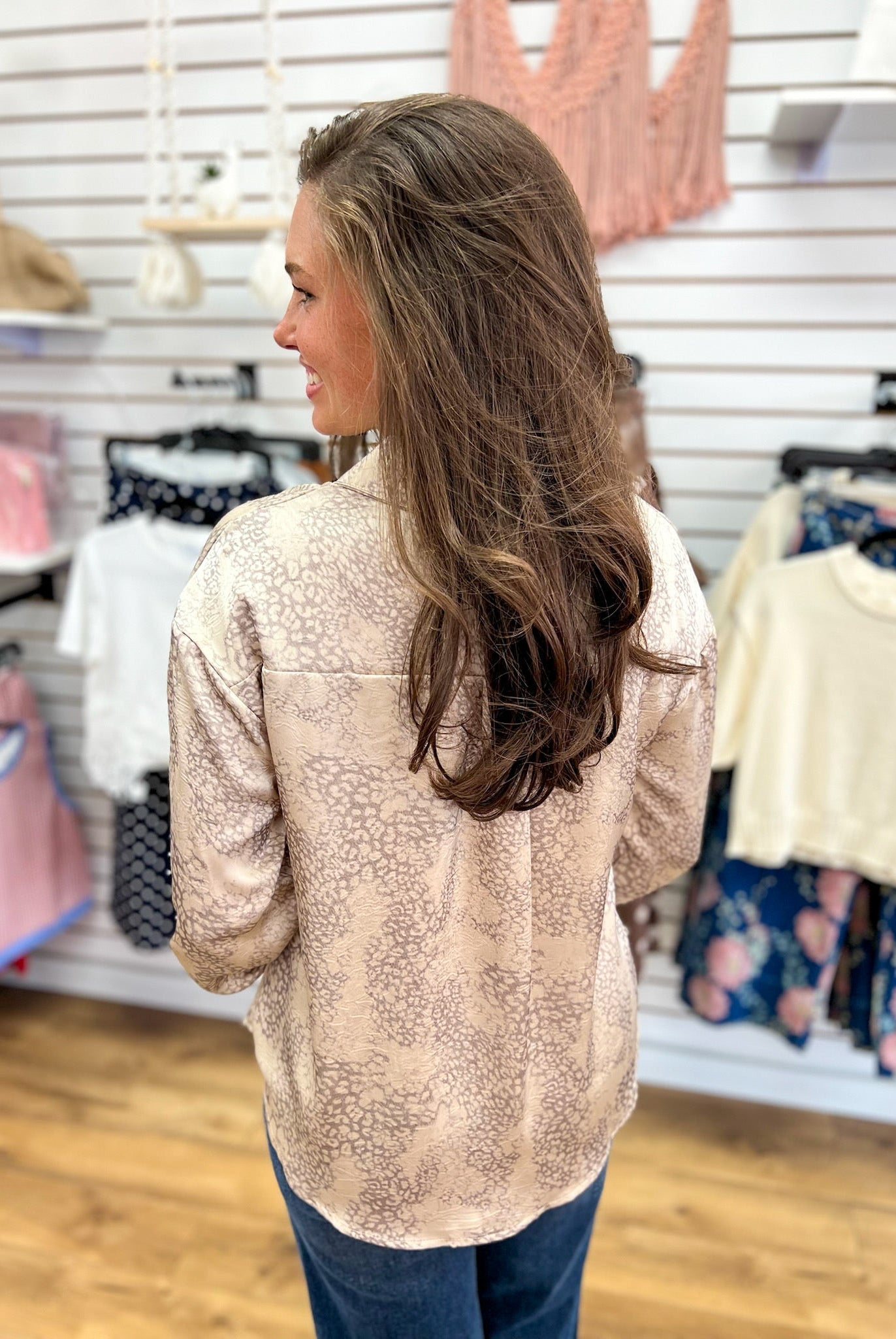 Taupe Leopard Print Long Sleeve Button Up Top - A'Bekah's Boutique