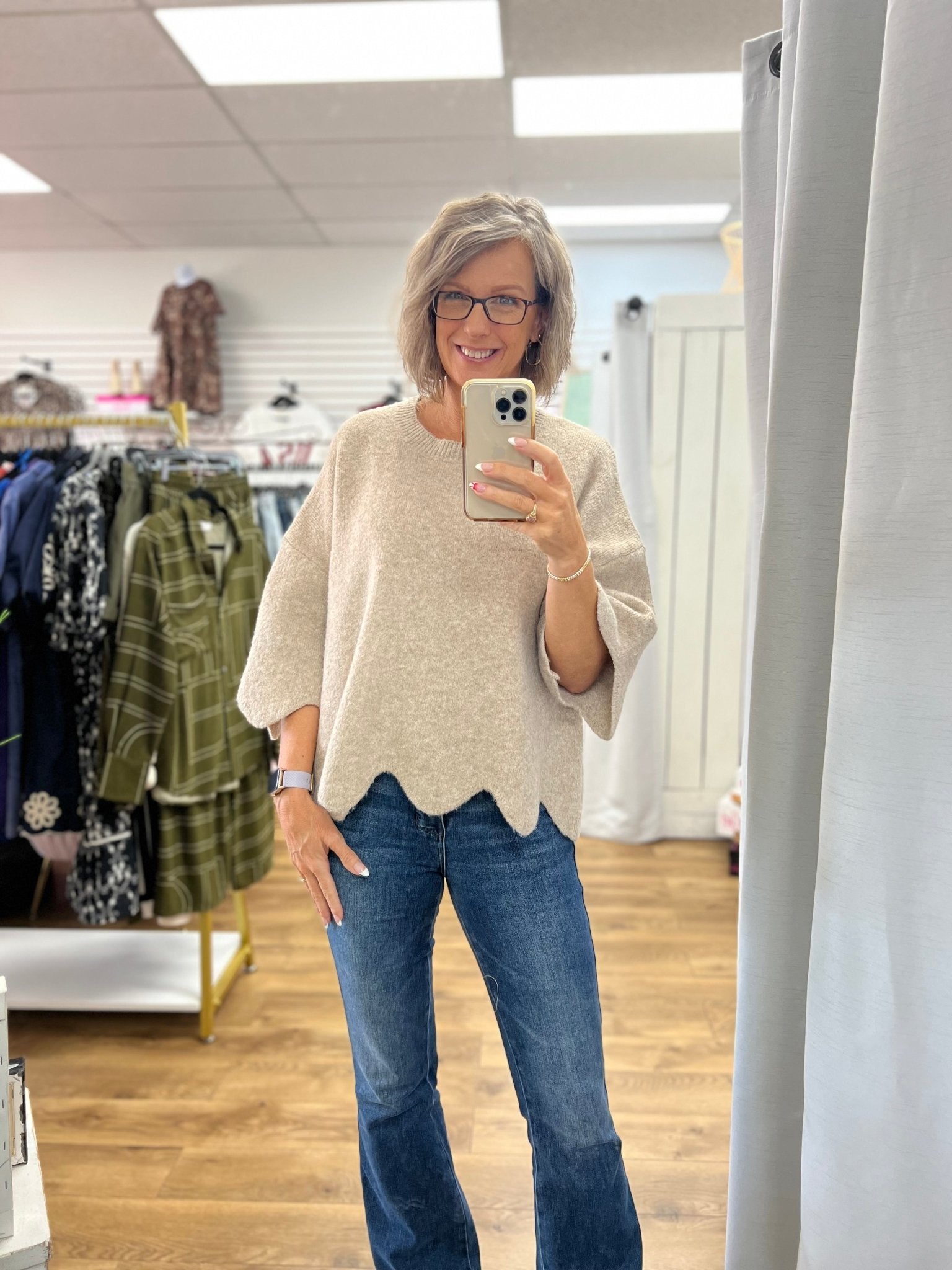 Taupe Sweater w/ Scalloped Details on Sleeves & Hem - A'Bekah's Boutique