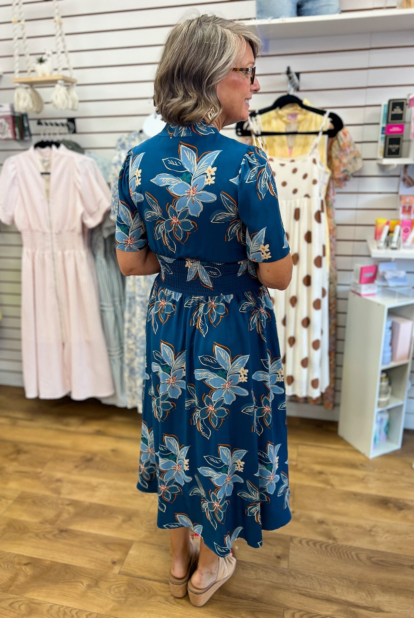 Teal Floral Midi Dress with Smocked Waist and Pockets - A'Bekah's Boutique