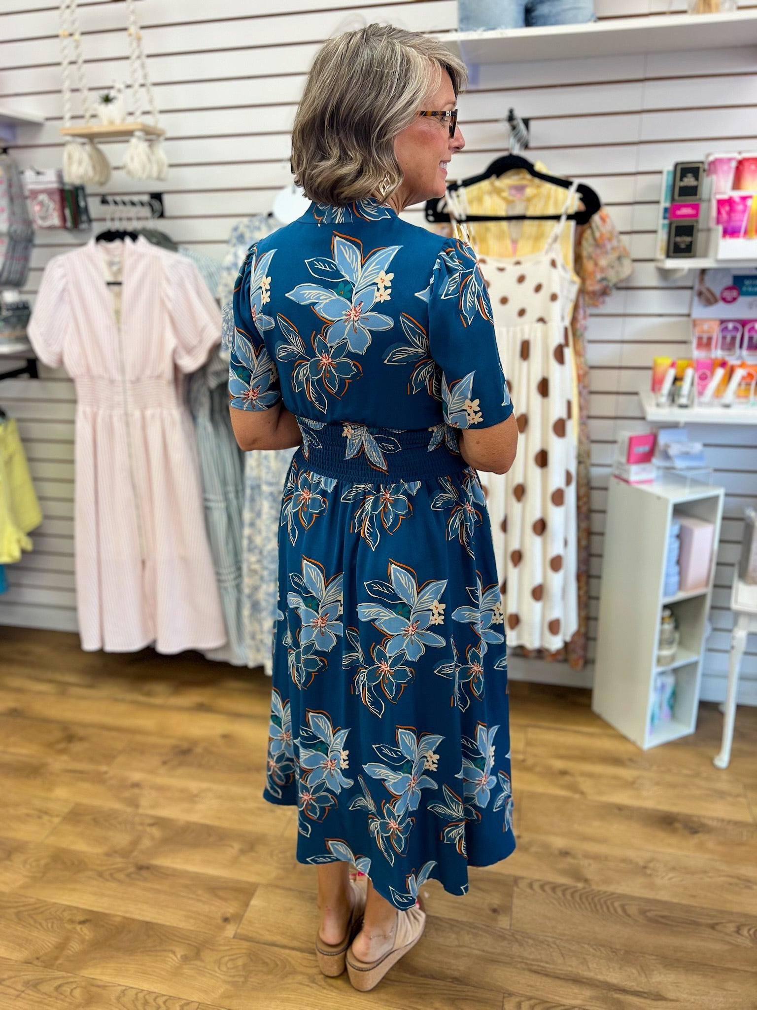 Teal Floral Midi Dress with Smocked Waist and Pockets - A'Bekah's Boutique
