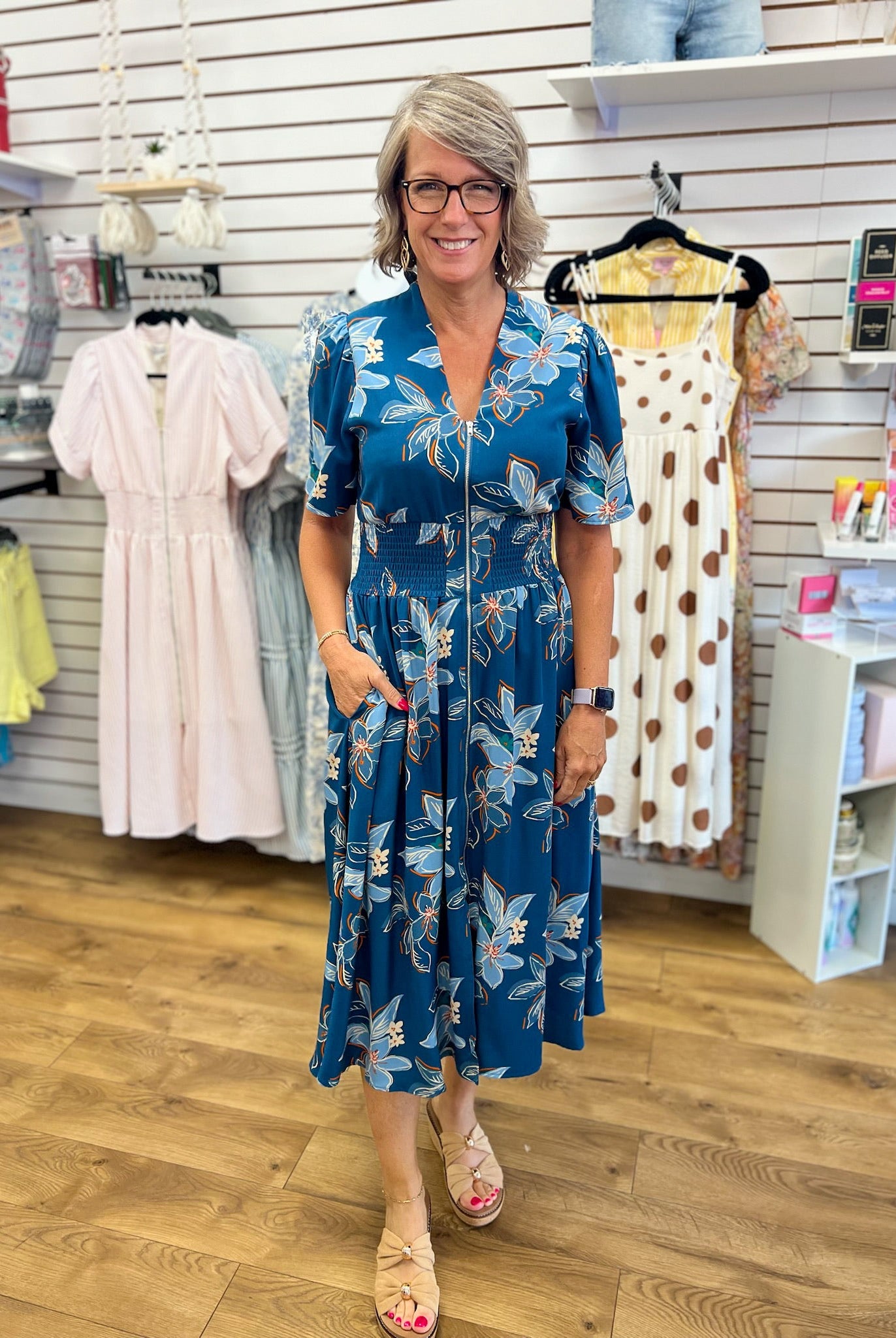 Teal Floral Midi Dress with Smocked Waist and Pockets - A'Bekah's Boutique