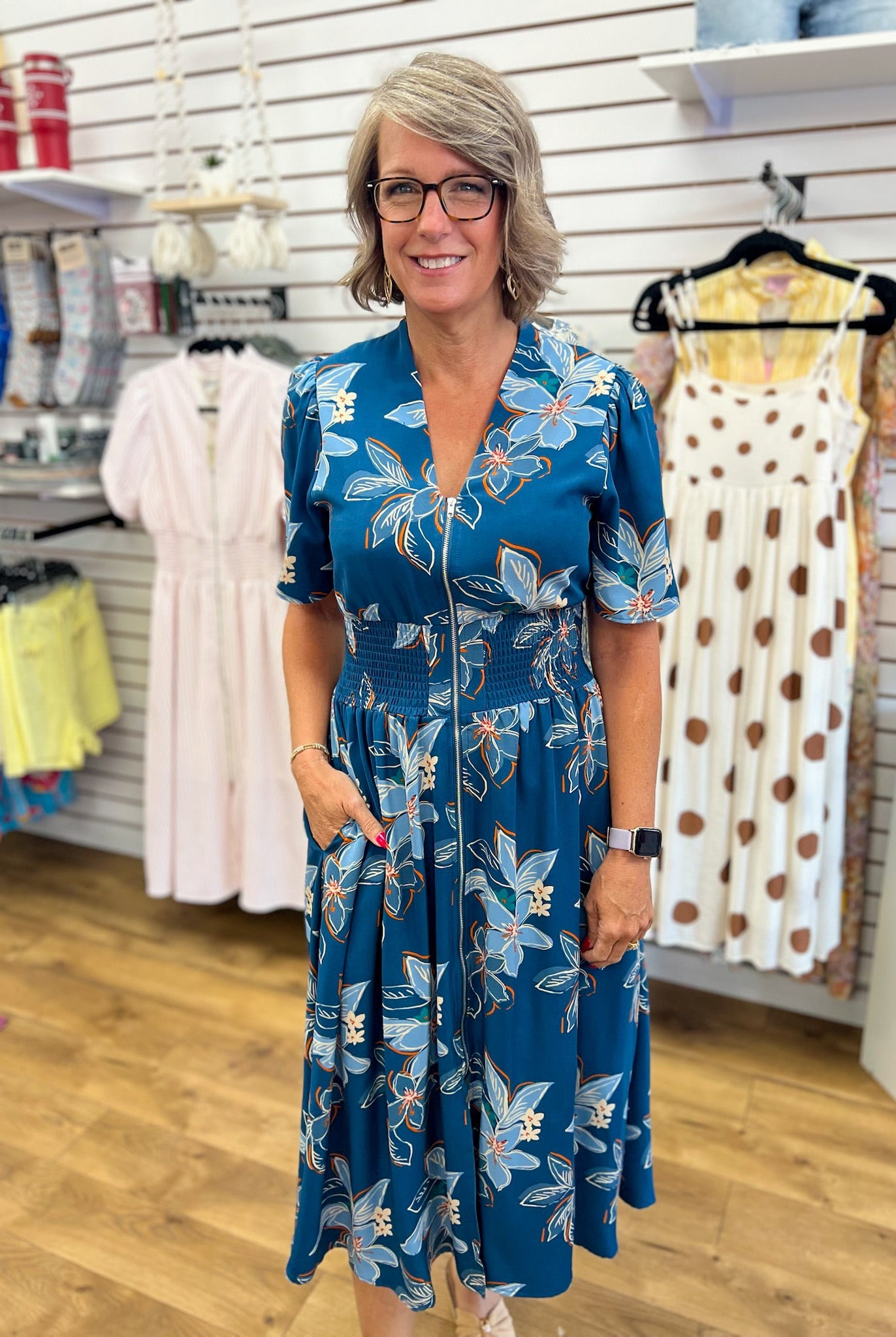 Teal Floral Midi Dress with Smocked Waist and Pockets - A'Bekah's Boutique