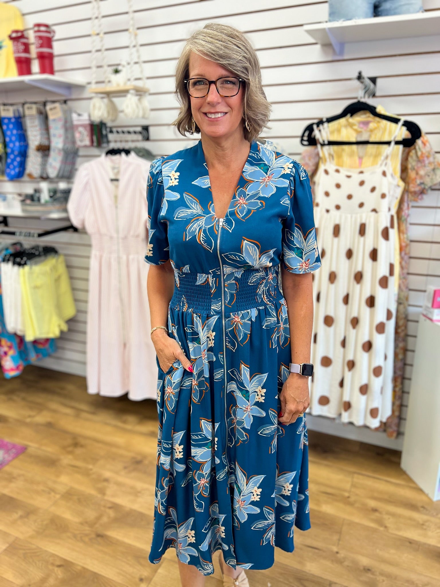 Teal Floral Midi Dress with Smocked Waist and Pockets - A'Bekah's Boutique