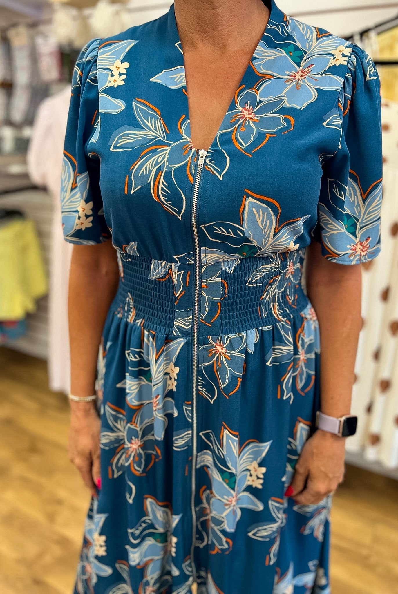 Teal Floral Midi Dress with Smocked Waist and Pockets - A'Bekah's Boutique